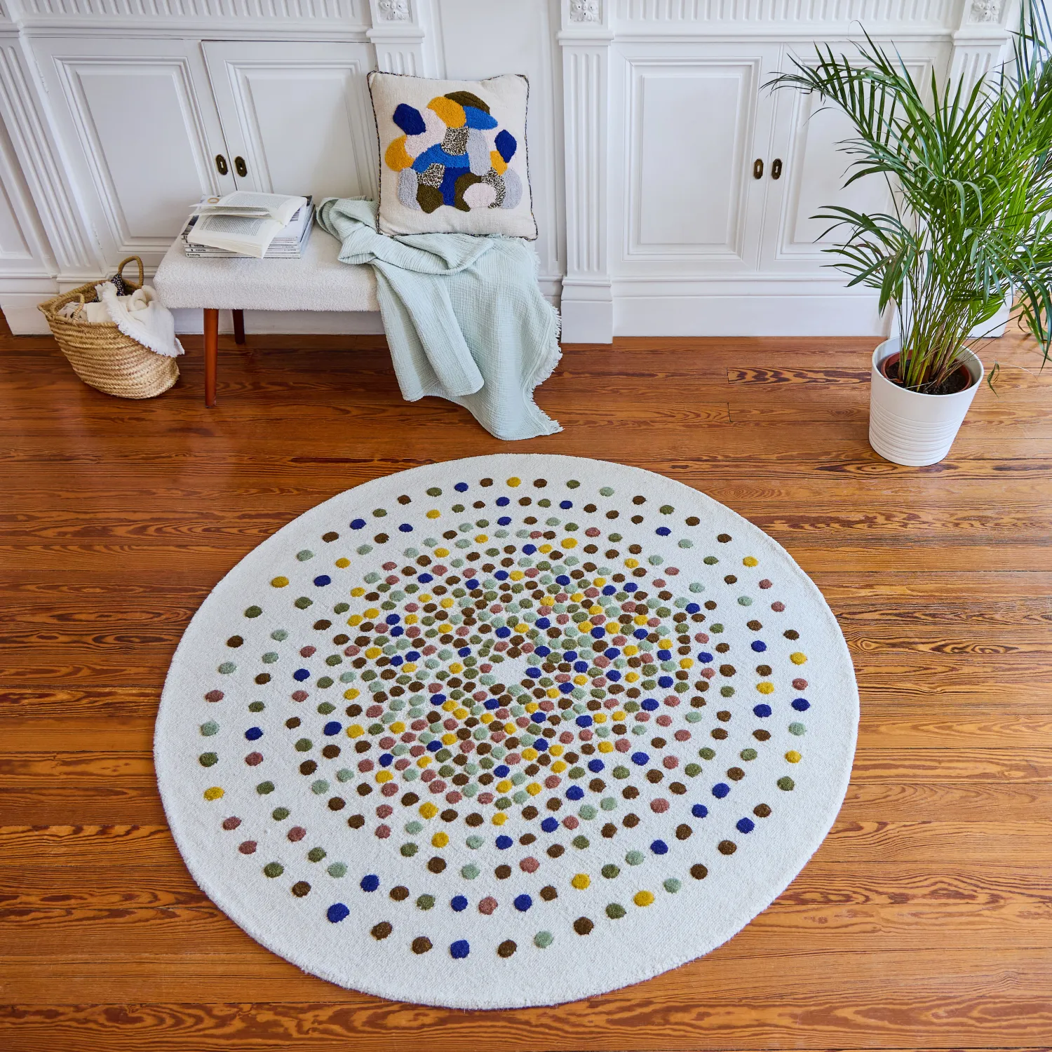 Tapis rond tufté en laine 150cm  - Beige et multicolore - Design by Floriane Jacques - 1