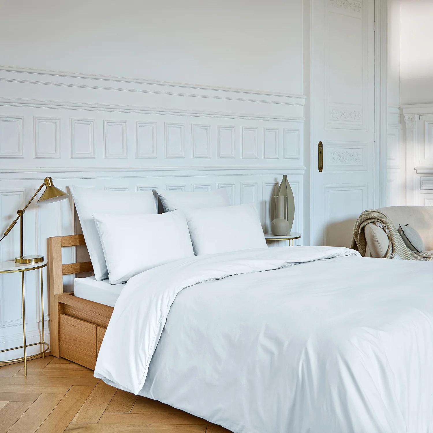 Drap housse en percale de coton - 160 x 200 cm - Blanc - 1