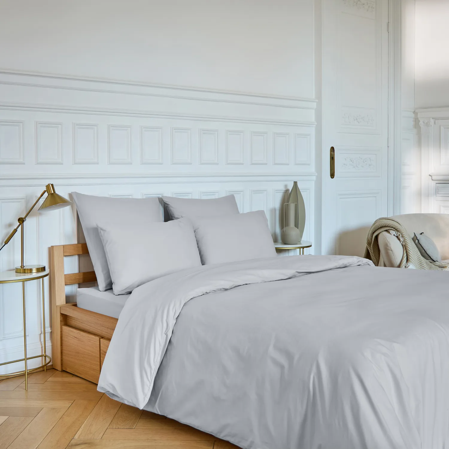 Drap Housse en percale de coton - 140 x 200 cm - Gris perle - 1