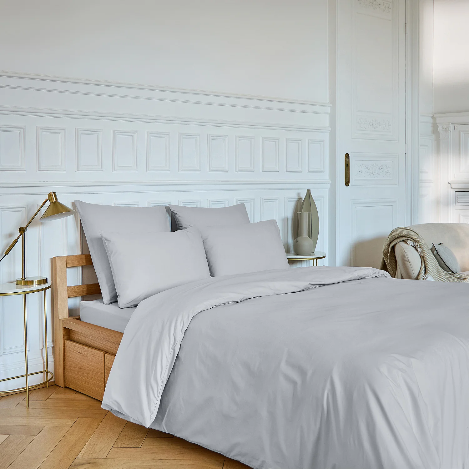 Drap housse en percale de coton - 140 x 200 cm - Gris perle - 1