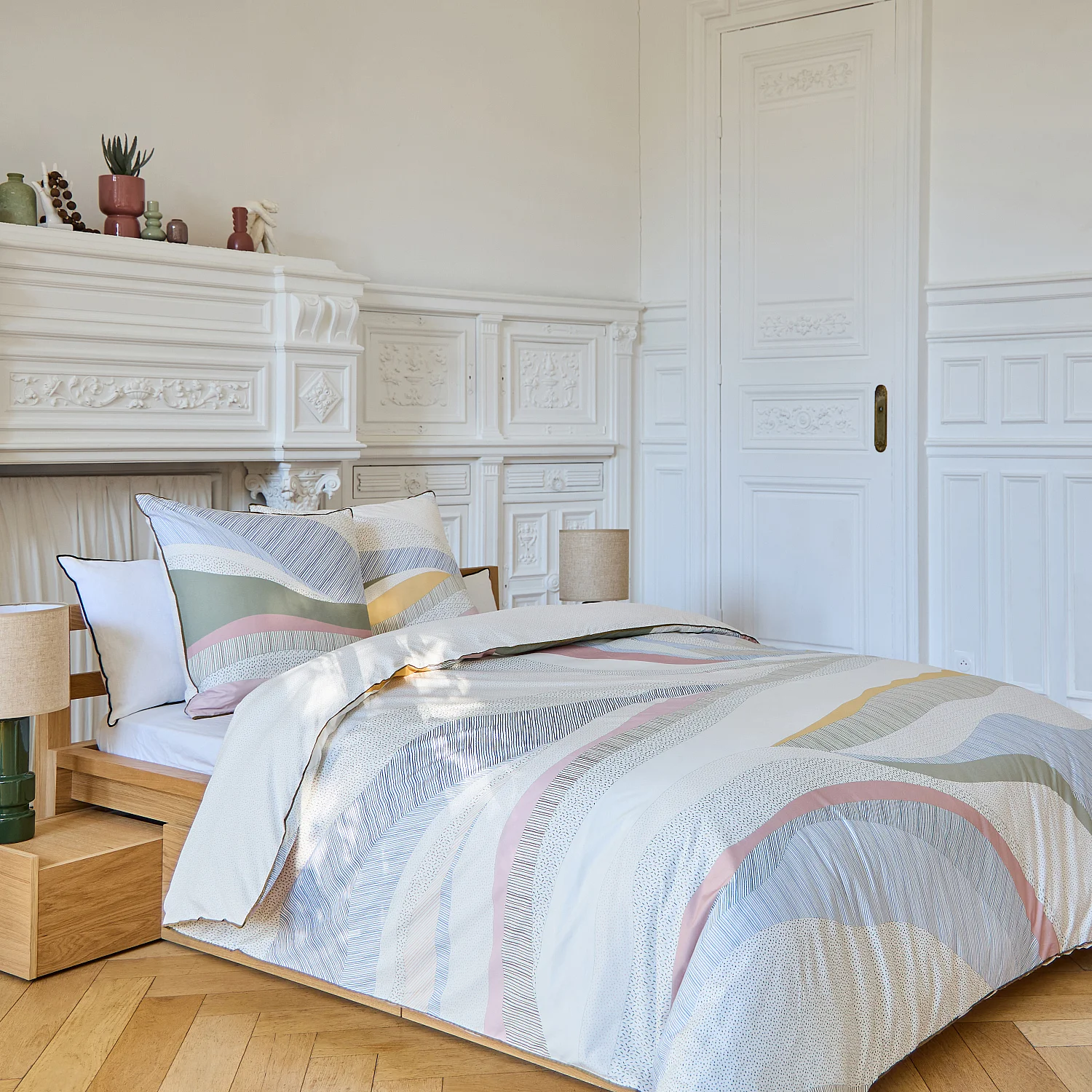 Set lenzuola in cotone biologico percale - 240 x 220 cm - Blu e Kaki - Design by Floriane Jacques - 3