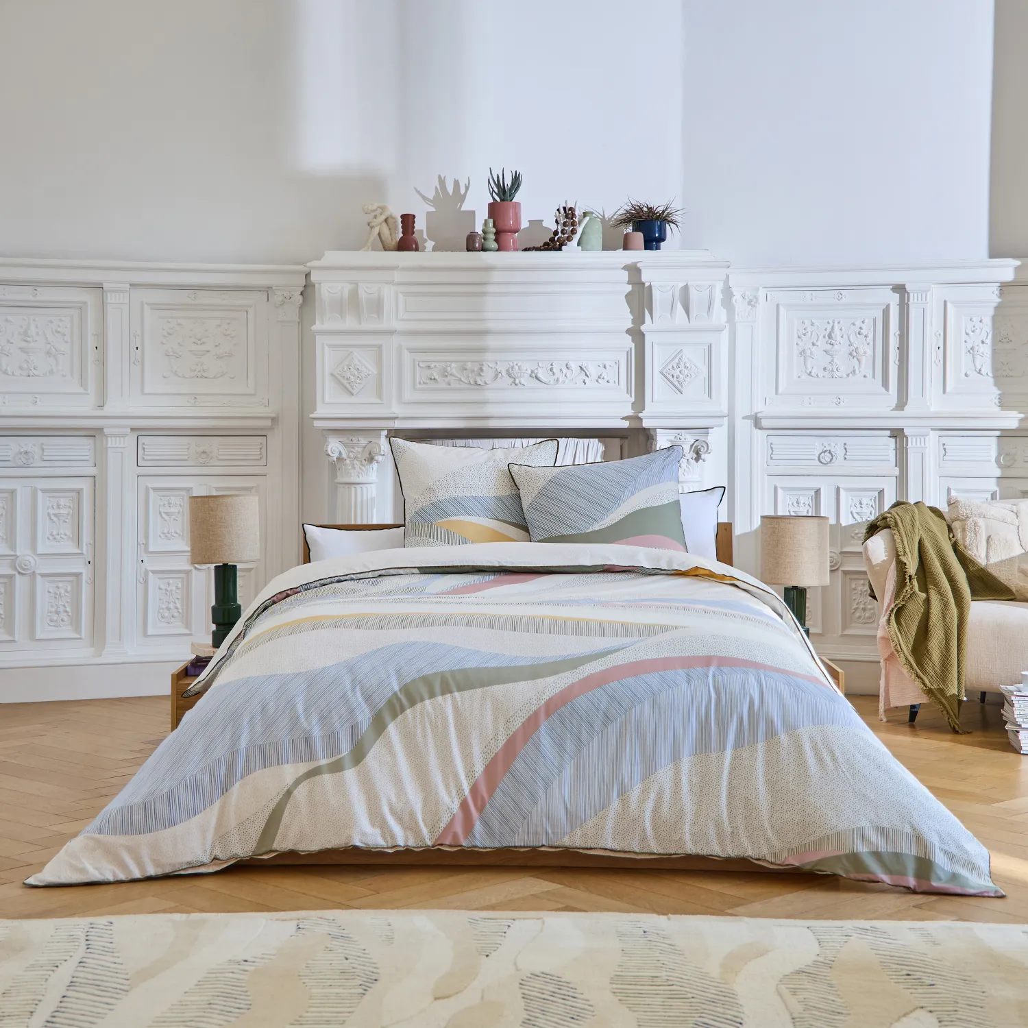 Parure de lit en percale de coton bio - 260 x 240 cm - Bleu et Kaki - Design by Floriane Jacques - 1