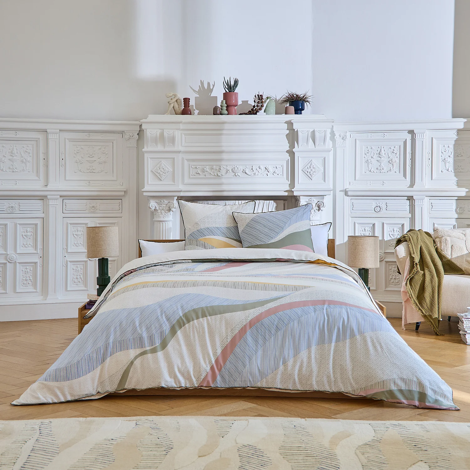 Set lenzuola in percalle di cotone biologico - 260 x 240 cm - Blu e Kaki - Design by Floriane Jacques - 1