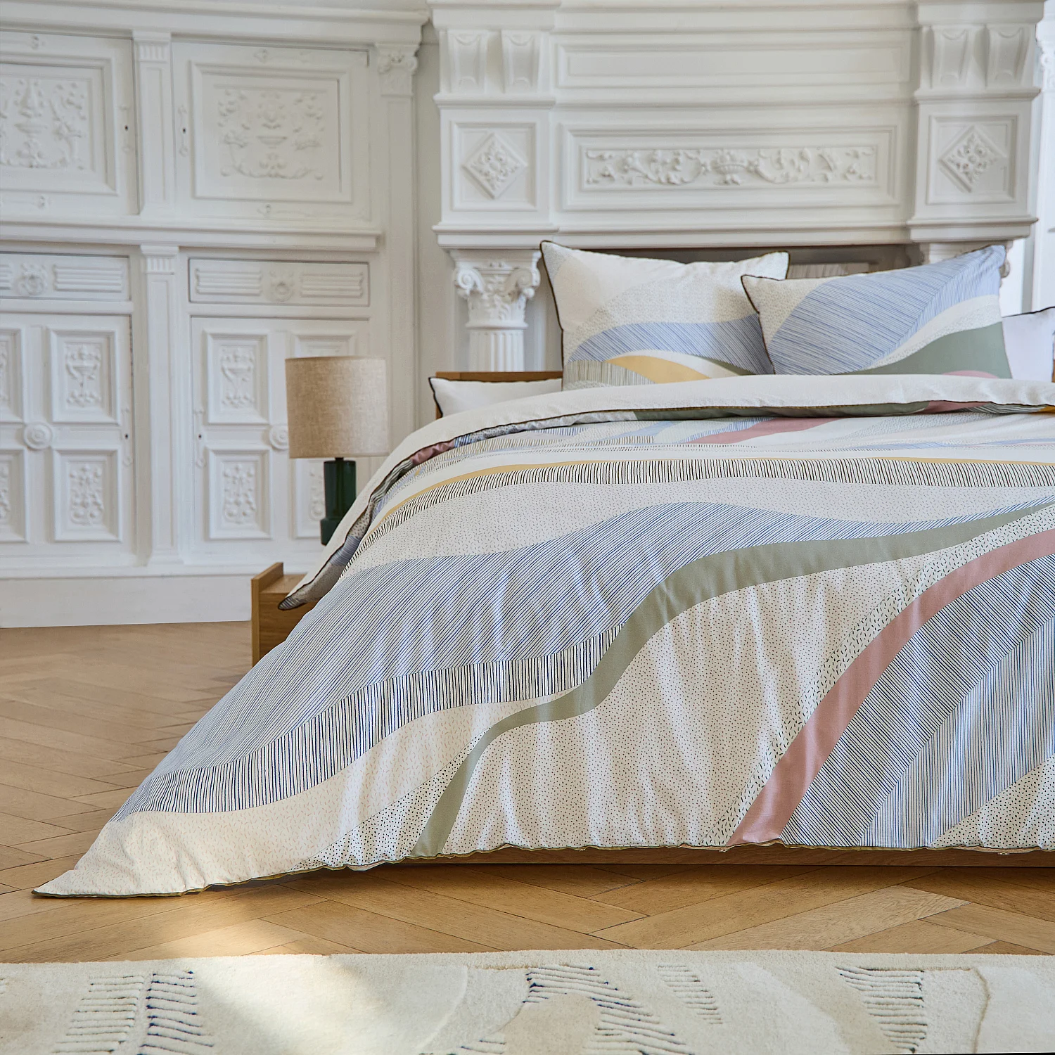 Set lenzuola in percalle di cotone biologico - 260 x 240 cm - Blu e Kaki - Design by Floriane Jacques - 10