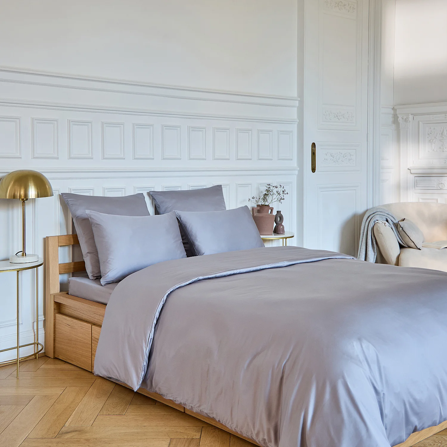 Drap Housse en satin de coton - 140 x 200 cm - Gris argenté - 1