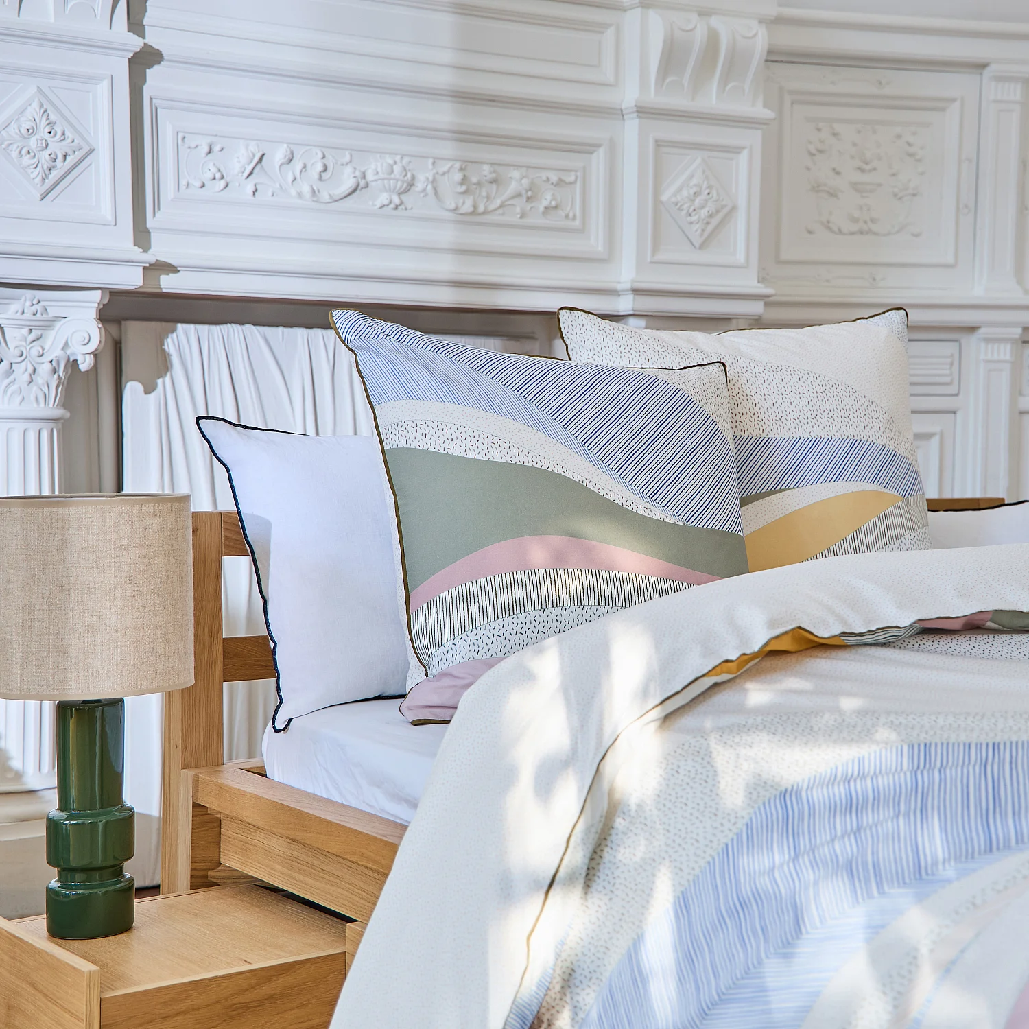 Parure de lit en percale de coton bio - 140 x 200 cm - Bleu et Kaki - Design by Floriane Jacques - 1