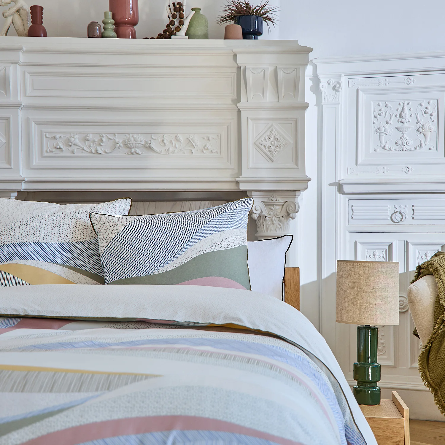 Parure de lit en percale de coton bio - 140 x 200 cm - Bleu et Kaki - Design by Floriane Jacques - 2