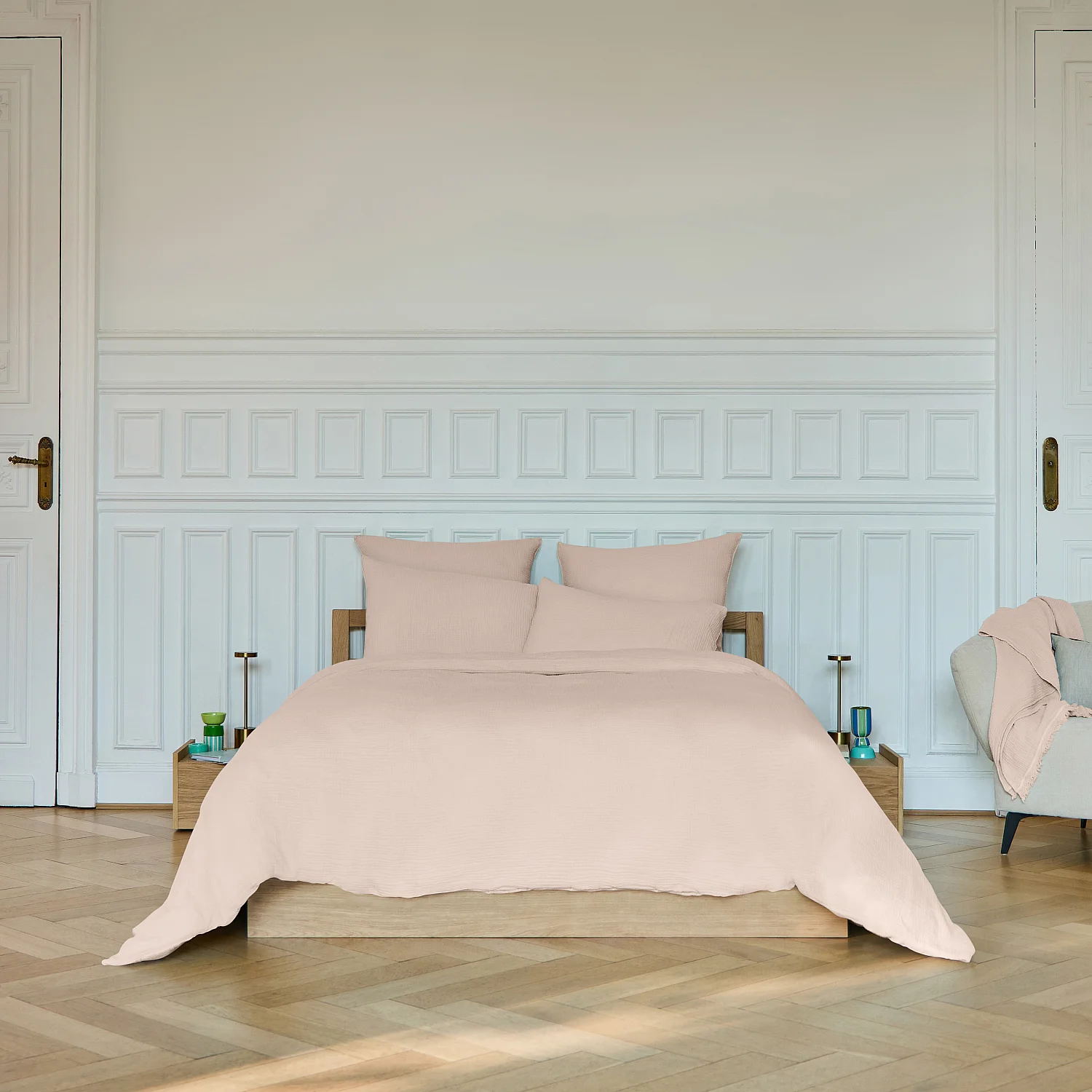 Housse de couette en double gaze de coton - 240 x 220 cm - Rose poudré - 1