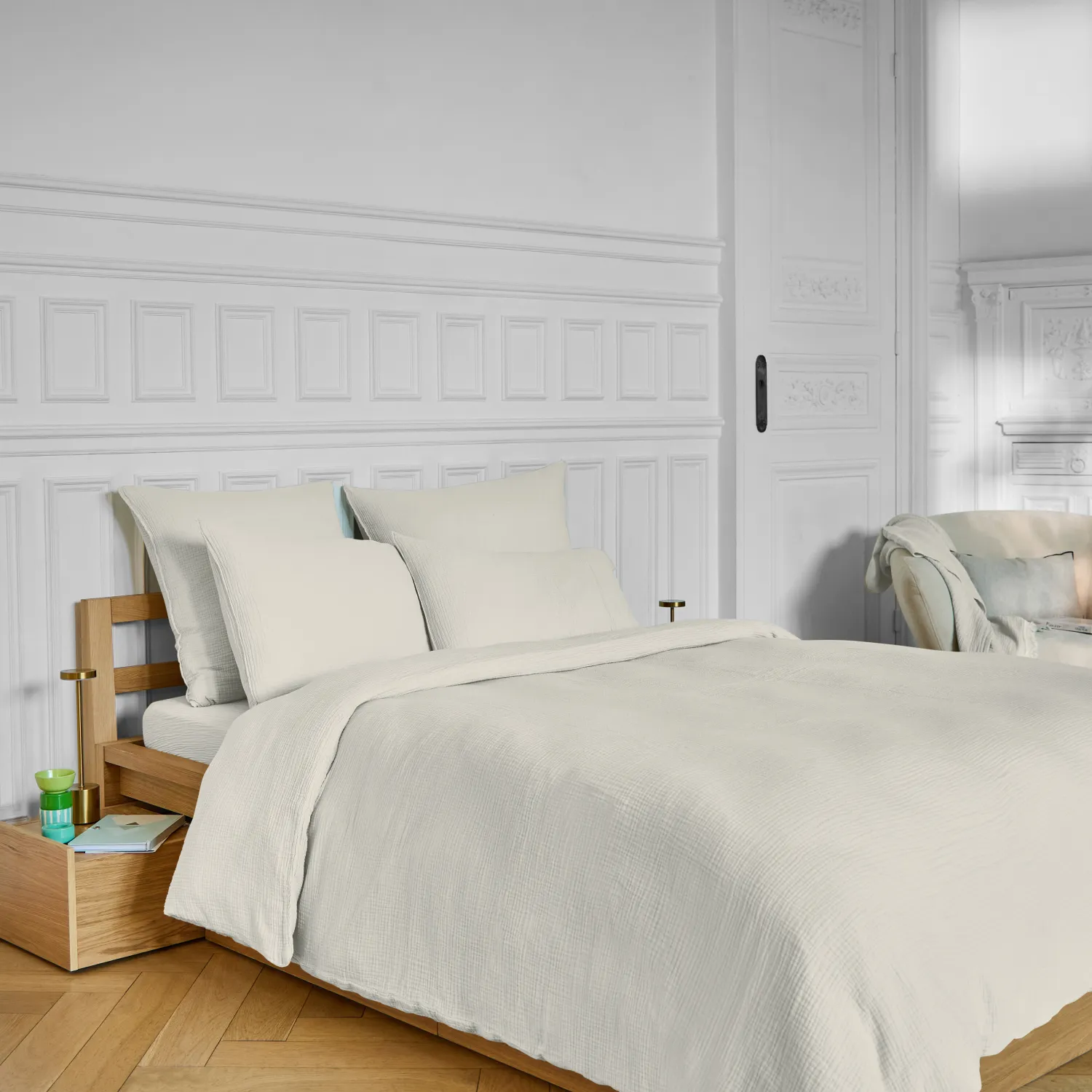 Drap Housse en double gaze de coton - 160 x 200 cm - Écru - 1