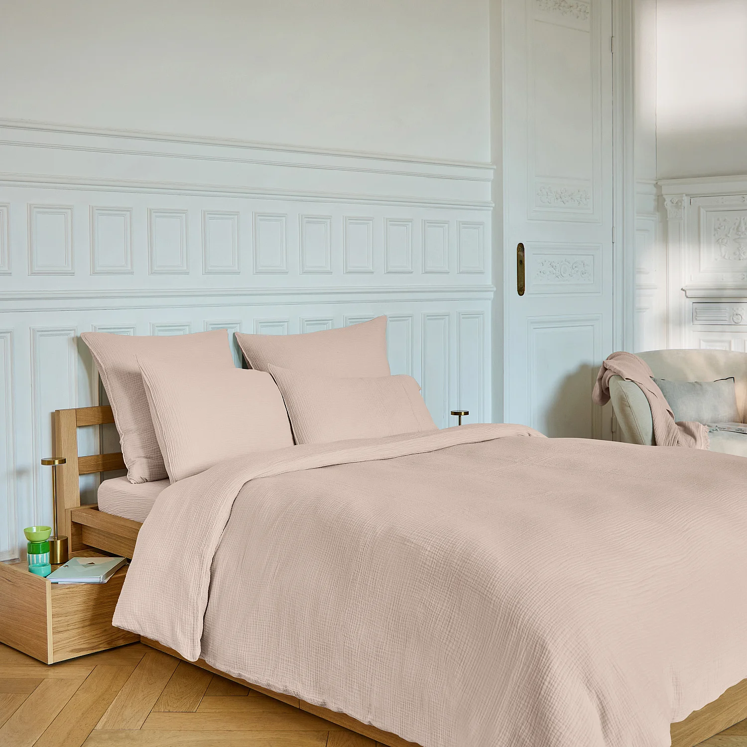 Drap Housse en double gaze de coton - 160 x 200 cm - Rose poudré - 1