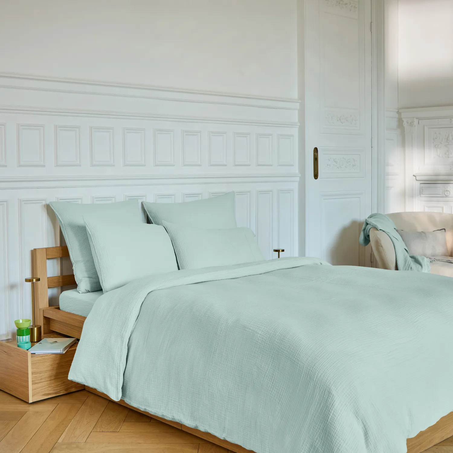 Drap Housse en double gaze de coton - 140 x 190 cm - Céladon - 1