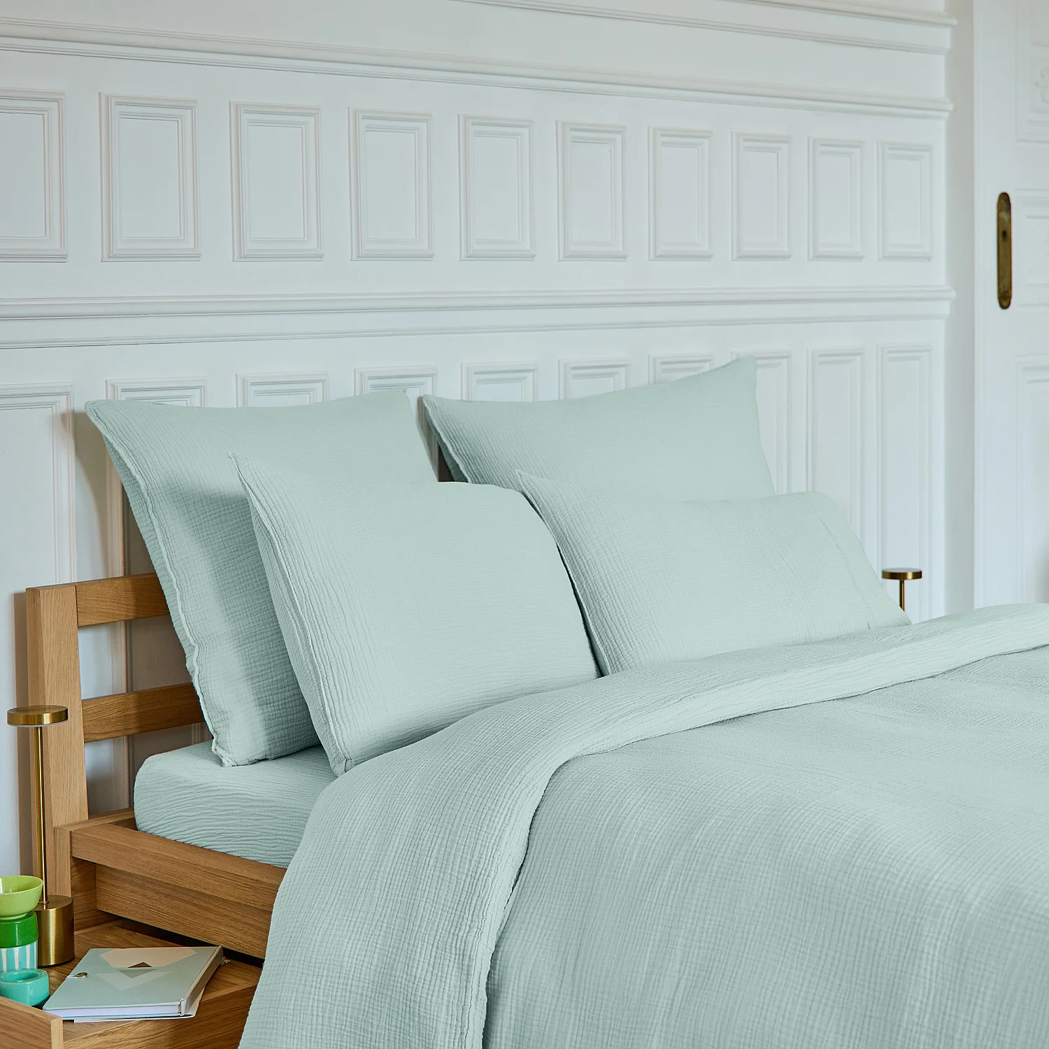 Drap Housse en double gaze de coton - 160 x 200 cm - Céladon - 4