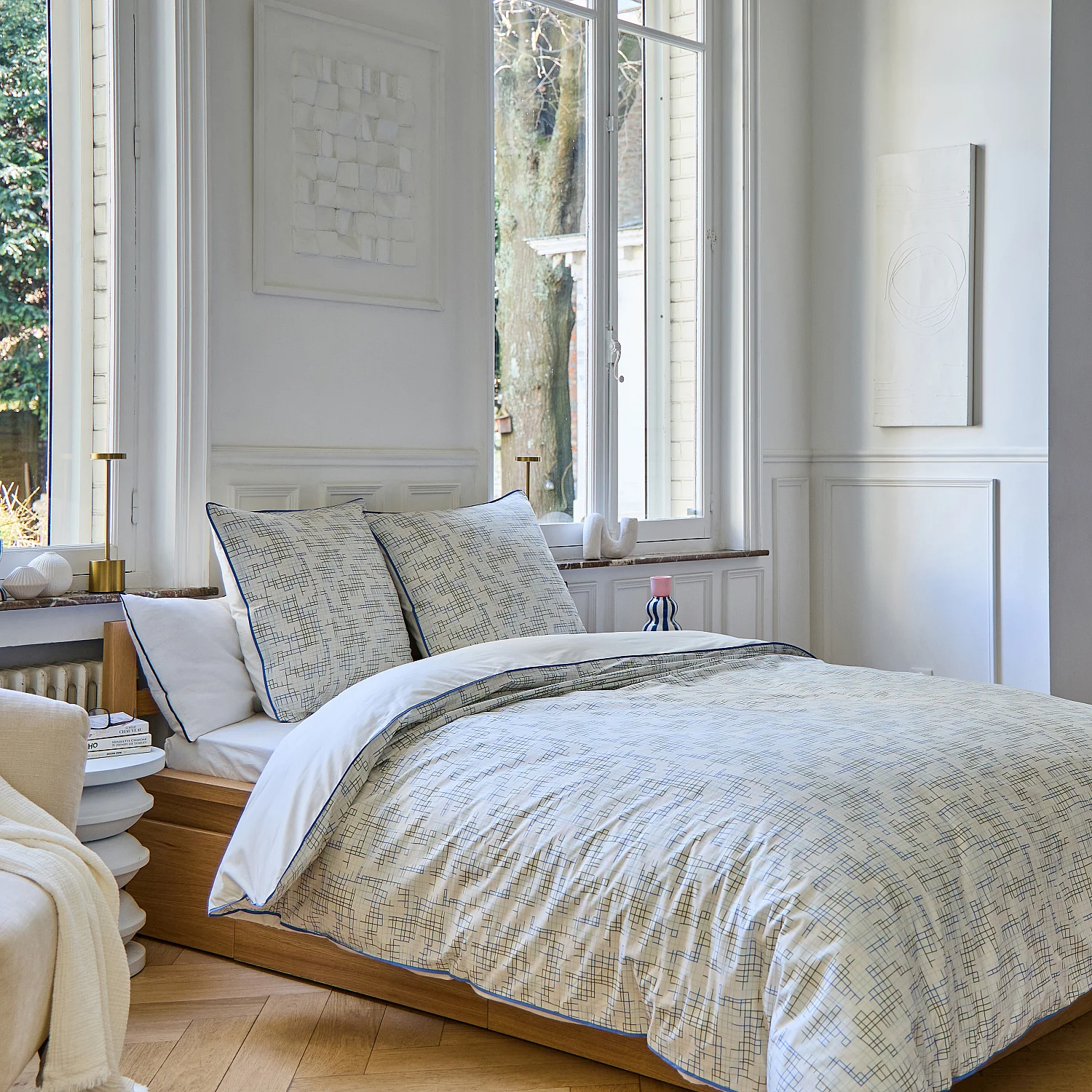 Set letto in percalle di cotone biologico - 260 x 240 cm - Motivi a quadri - Design by Floriane Jacques - 1