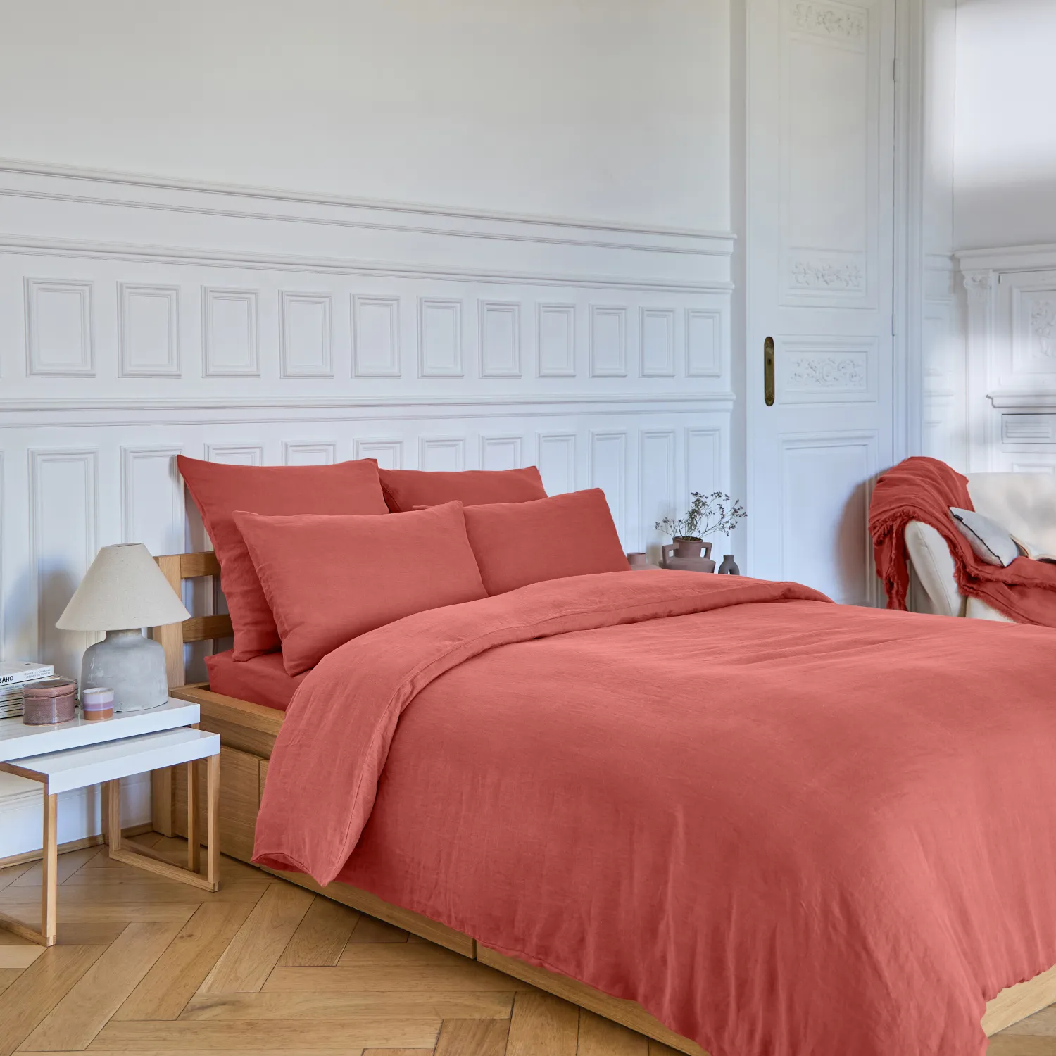 Drap Housse en lin - 160 x 200 cm - Terracotta - 1