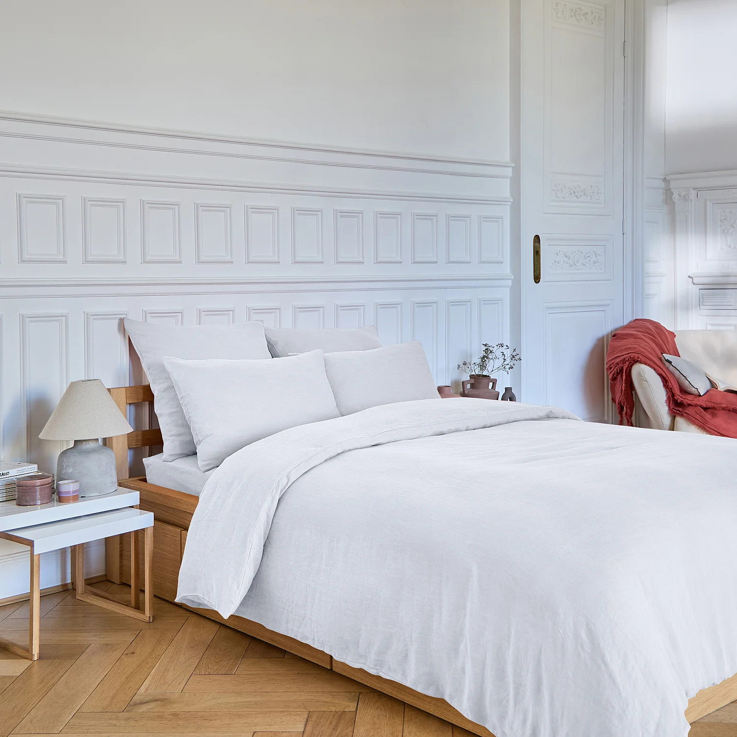 Drap Housse en lin - 160 x 200 cm - Blanc - 1