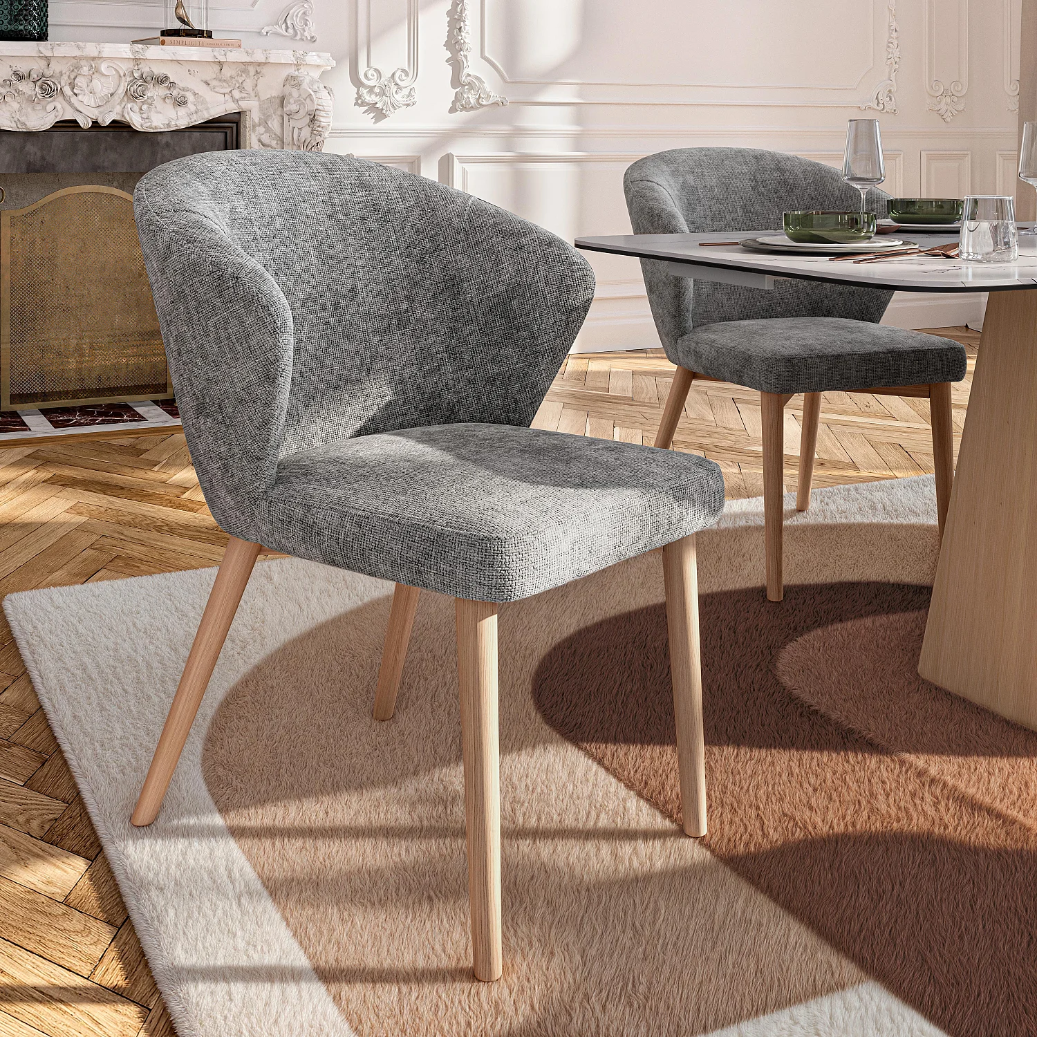 Set di 2 sedie in tessuto chenille e legno massiccio colore quercia - Grigio argento - 3