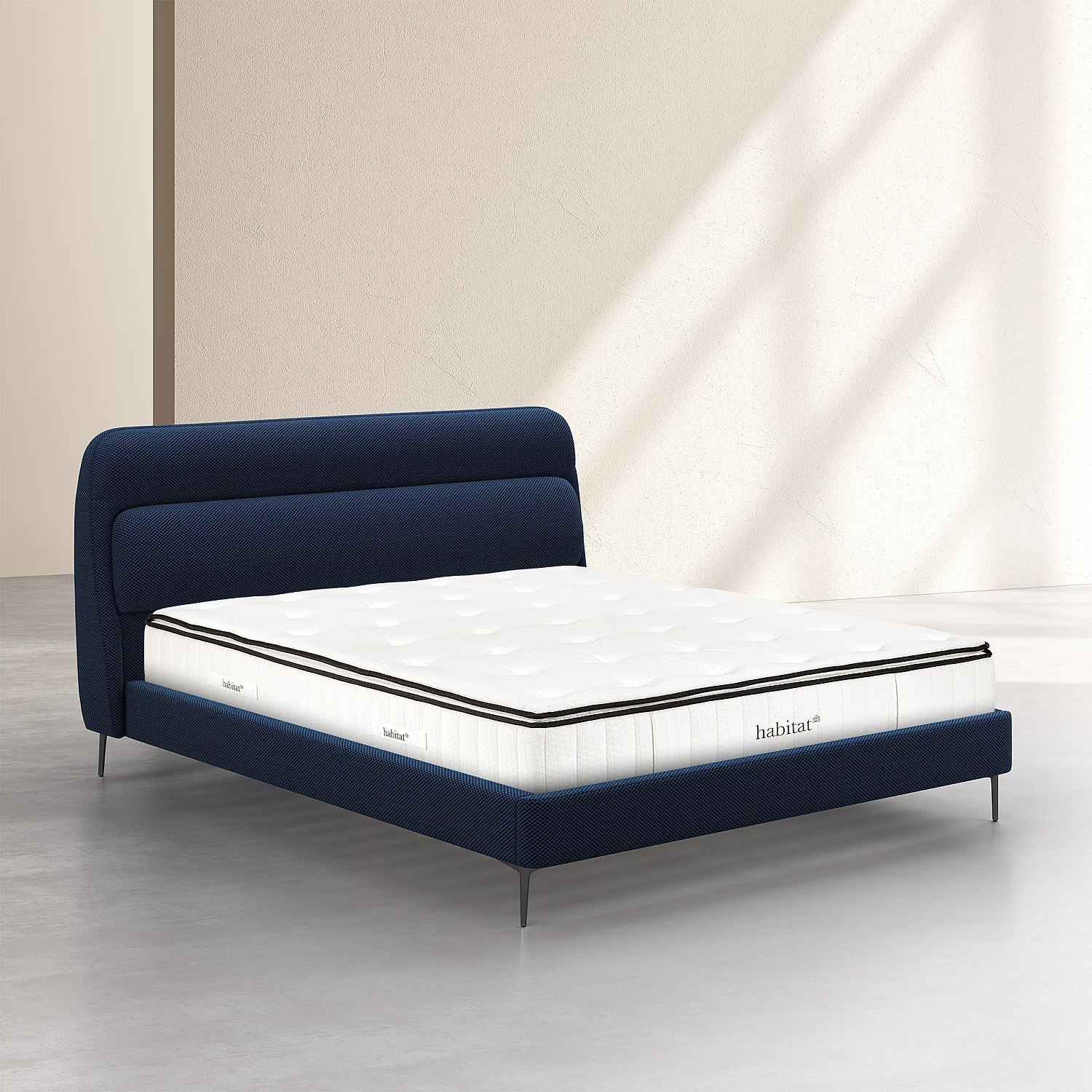 Ensemble lit 160 x 200 cm en tissu 3D et matelas Hybride Excellence - Bleu marine - 1