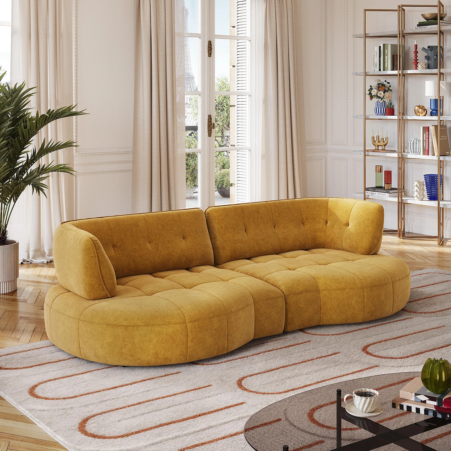 Canapé 4 places capitonné en tissu avec dossier avance-recule - Miel - 1