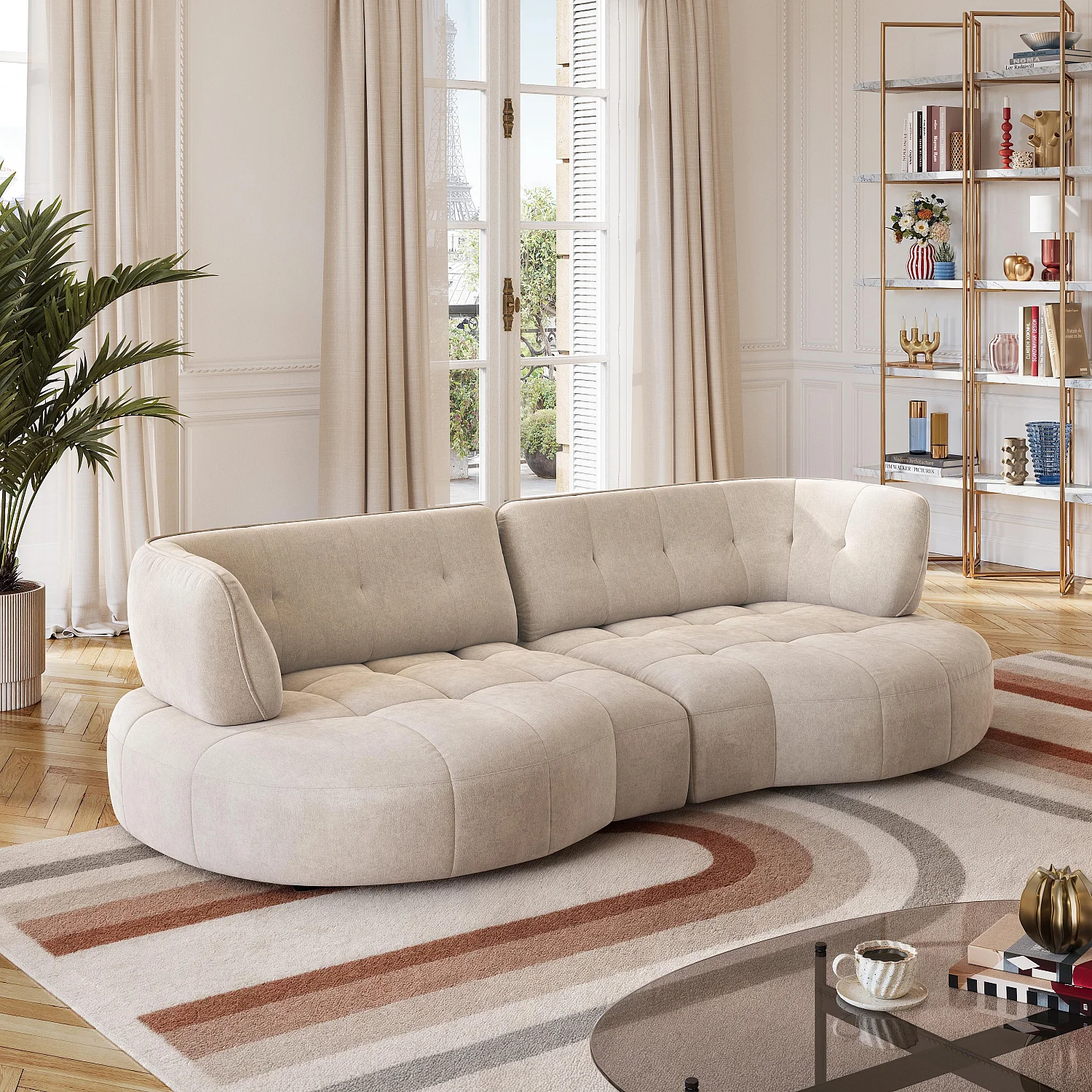 4-Sitzer-Sofa mit gestepptem Stoffbezug und verschiebbarer Rückenlehne - Crème - 1