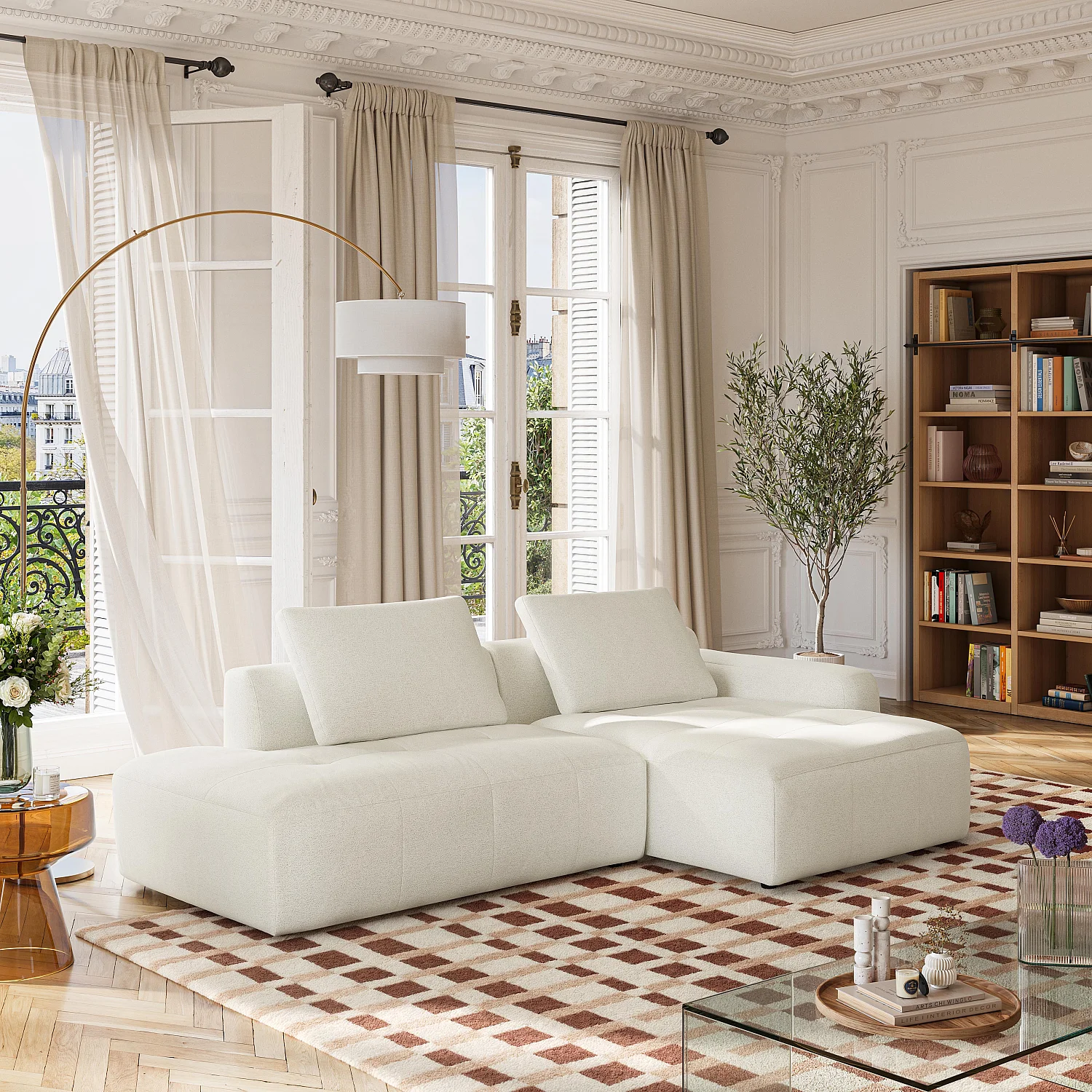 Ecksofa rechts mit Leinen - Elfenbein - 1