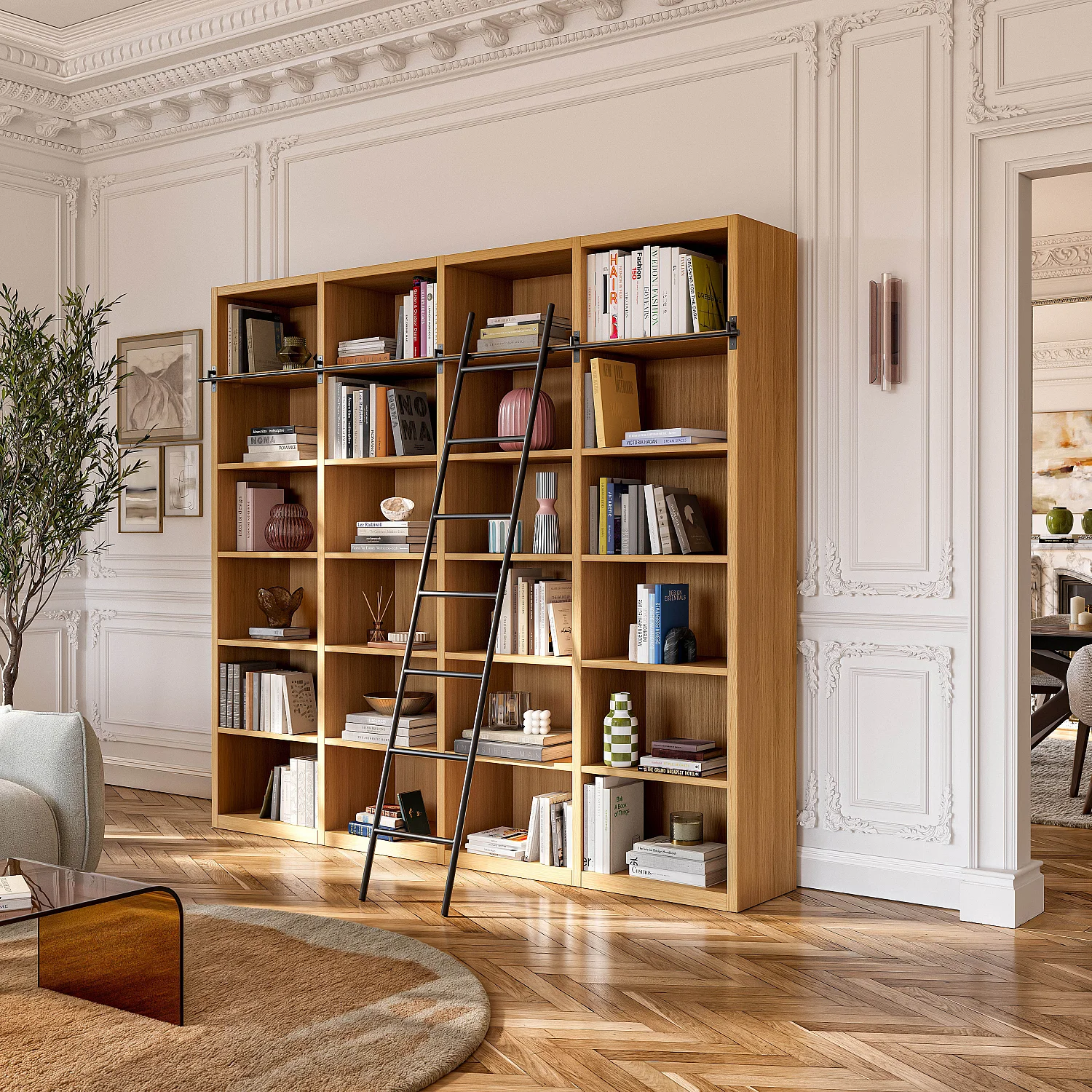 Große Eichenbibliothek mit abnehmbarer Leiter - Natur - Design von Hélèna Pille - 1