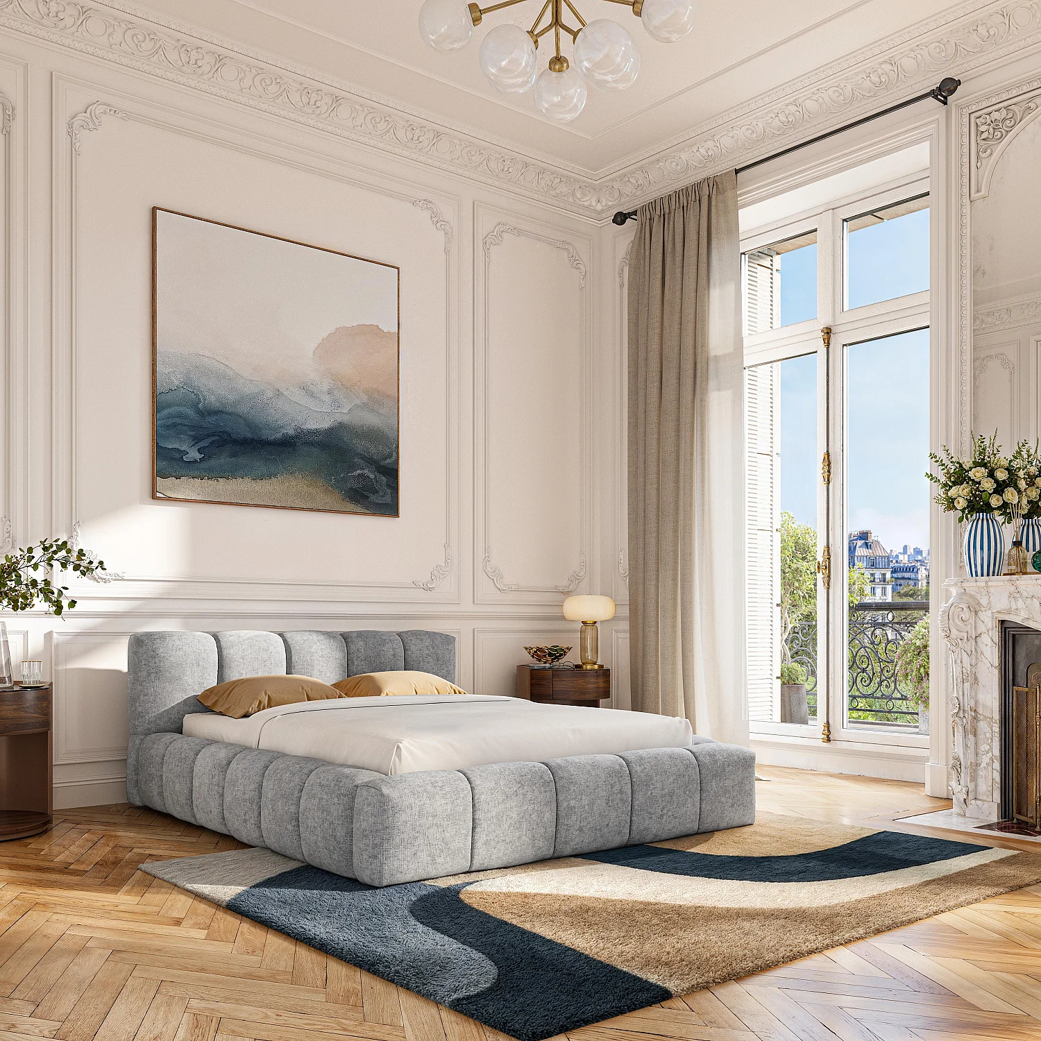 Lit coffre 160 x 200 cm en tissu chenille - Gris galet - 1