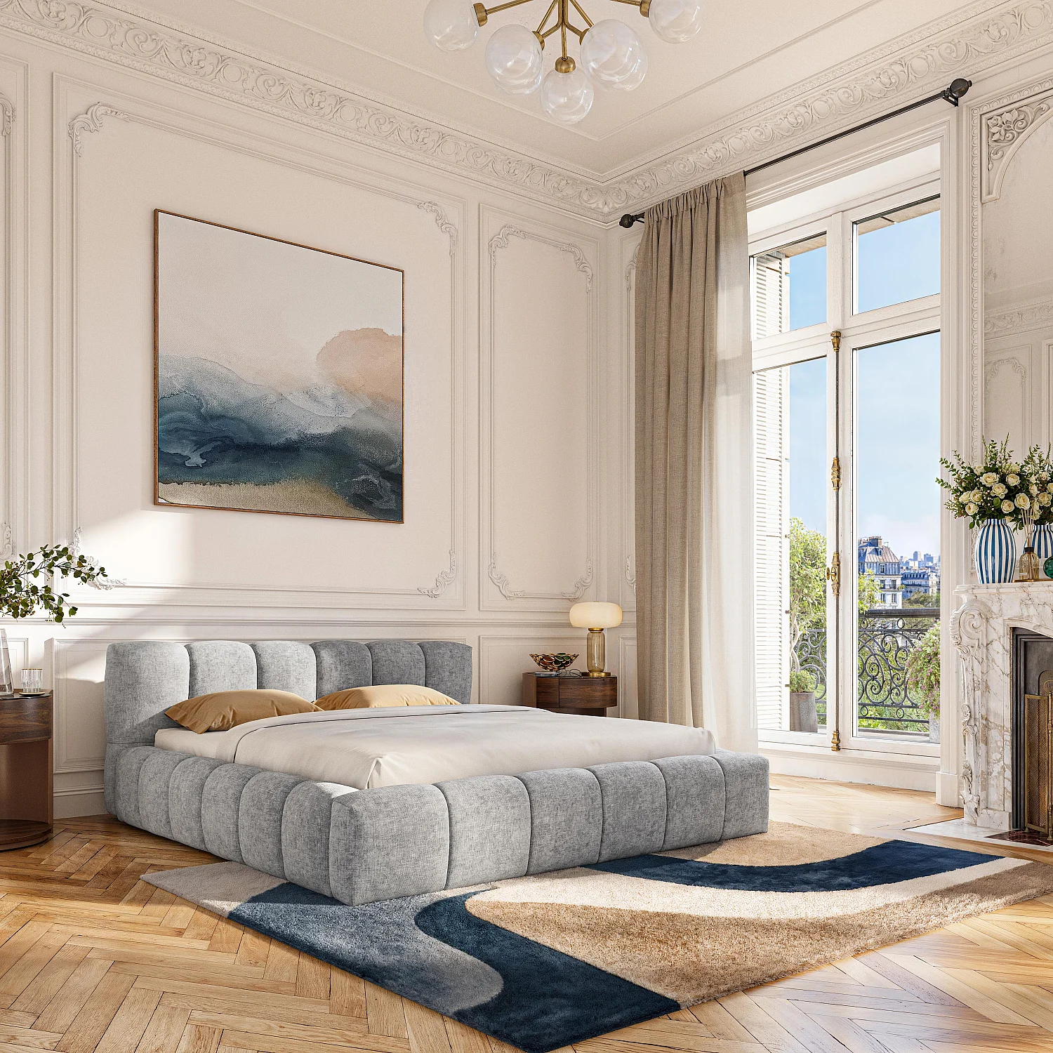 Lit coffre 180 x 200 cm en tissu chenille - Gris galet - 1