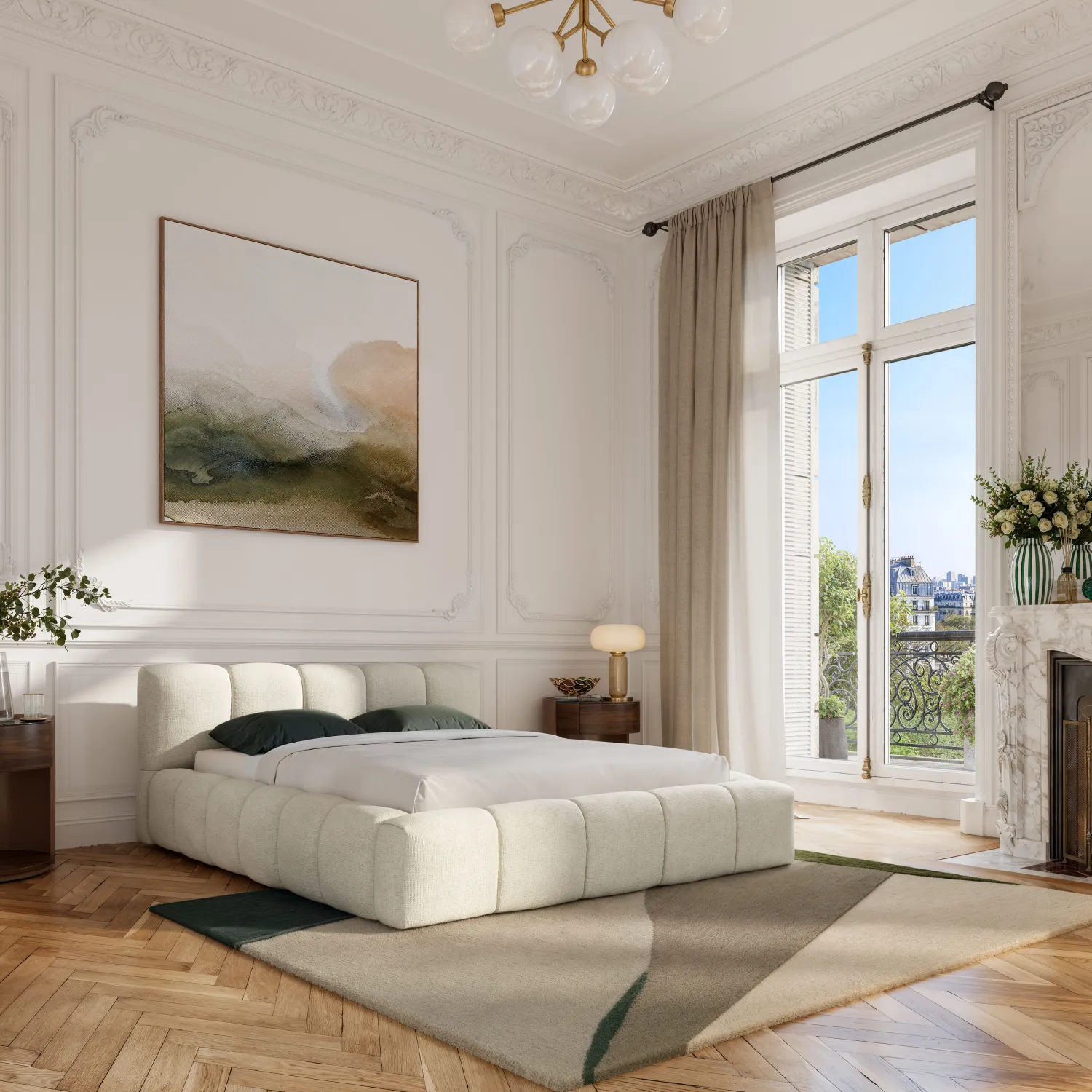 Lit coffre 160 x 200 cm en tissu chenille - Crème