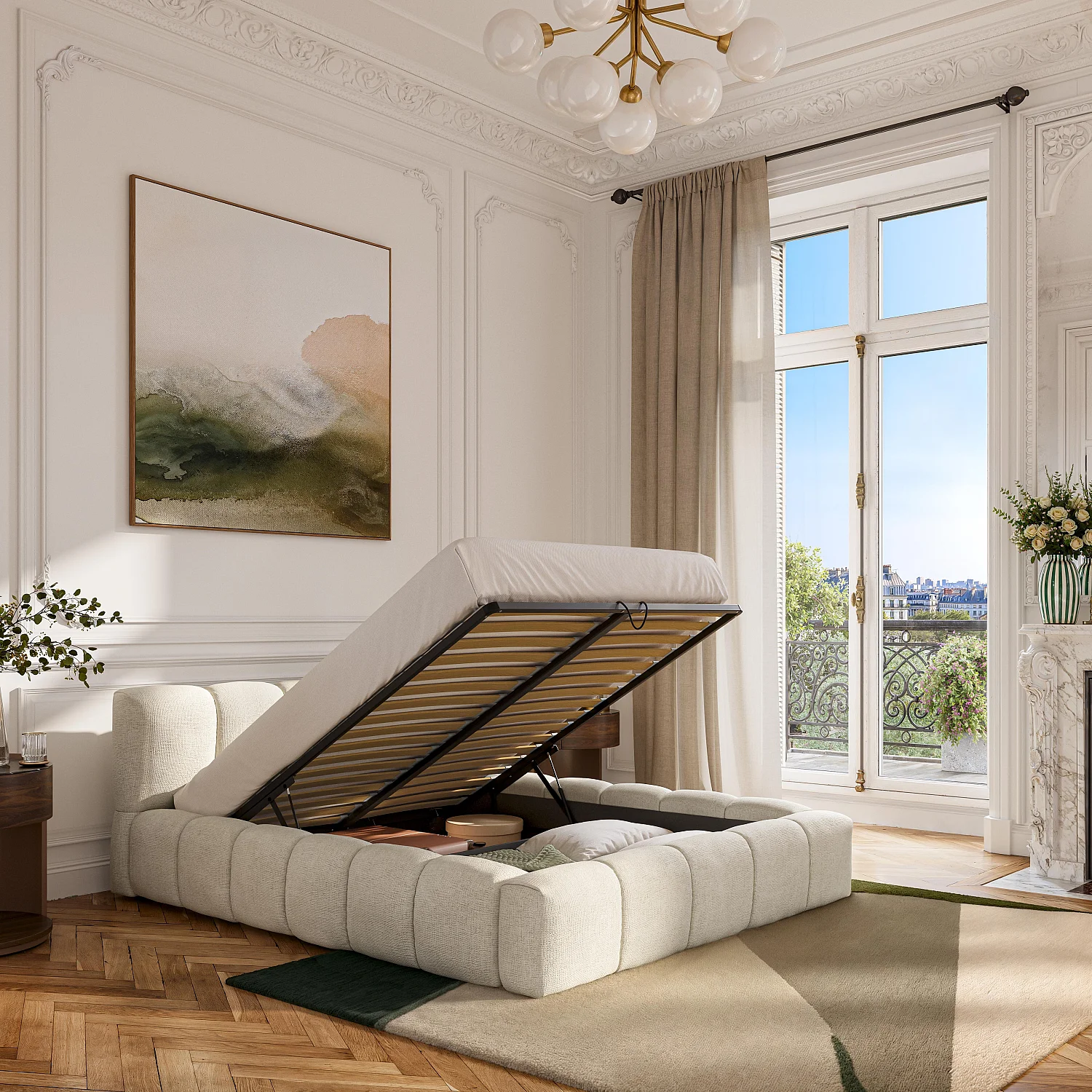 Lit coffre 160 x 200 cm en tissu chenille - Crème - 3