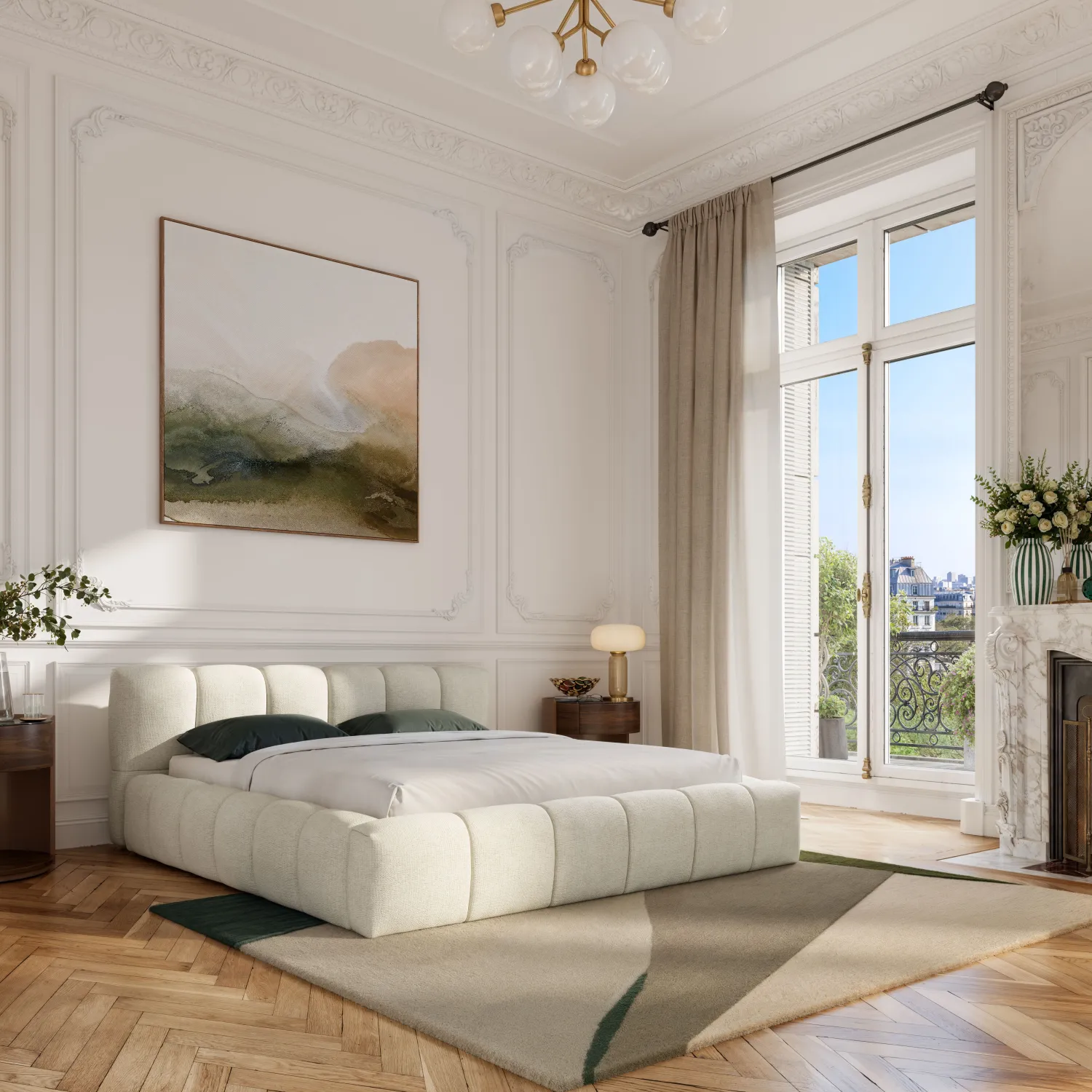 Lit coffre 180 x 200 cm en tissu chenille - Crème