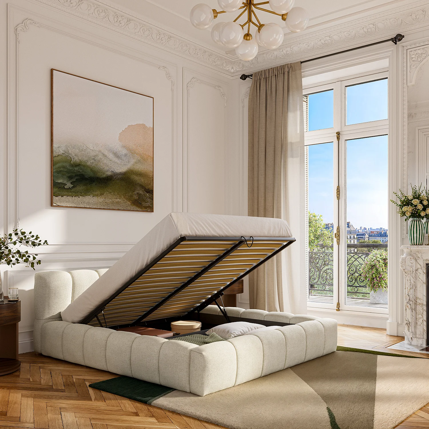 Lit coffre 180 x 200 cm en tissu chenille - Crème - 3