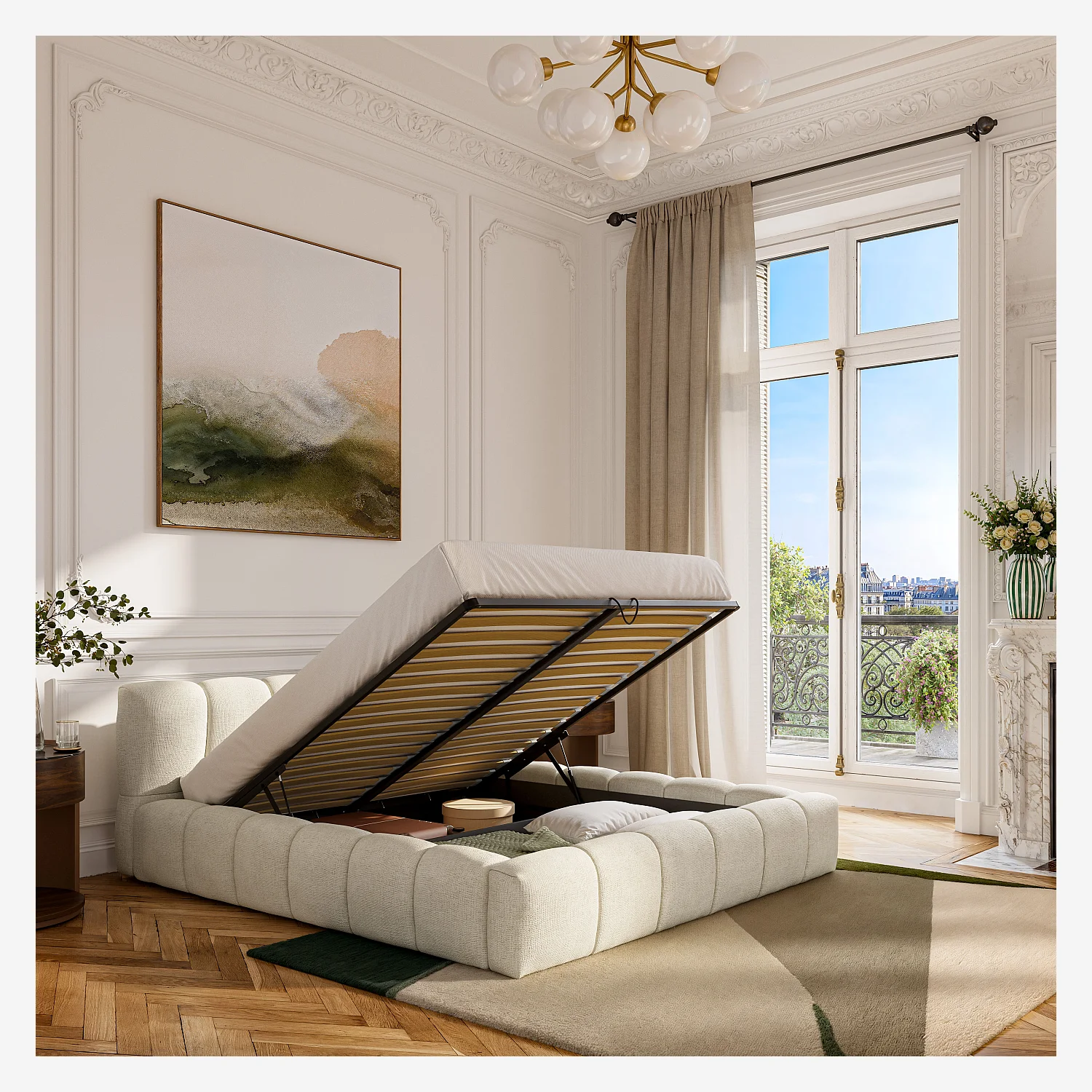 Letto contenitore 180 x 200 cm in tessuto di velluto - Crema - 3