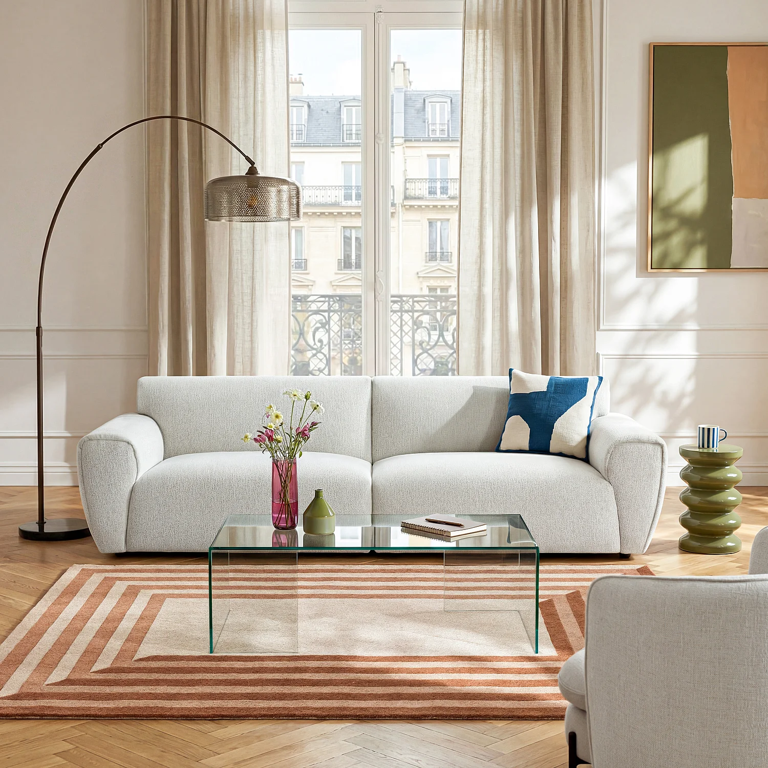 Vierzitsbank van chenille stof - Ecru gemêleerd - 1