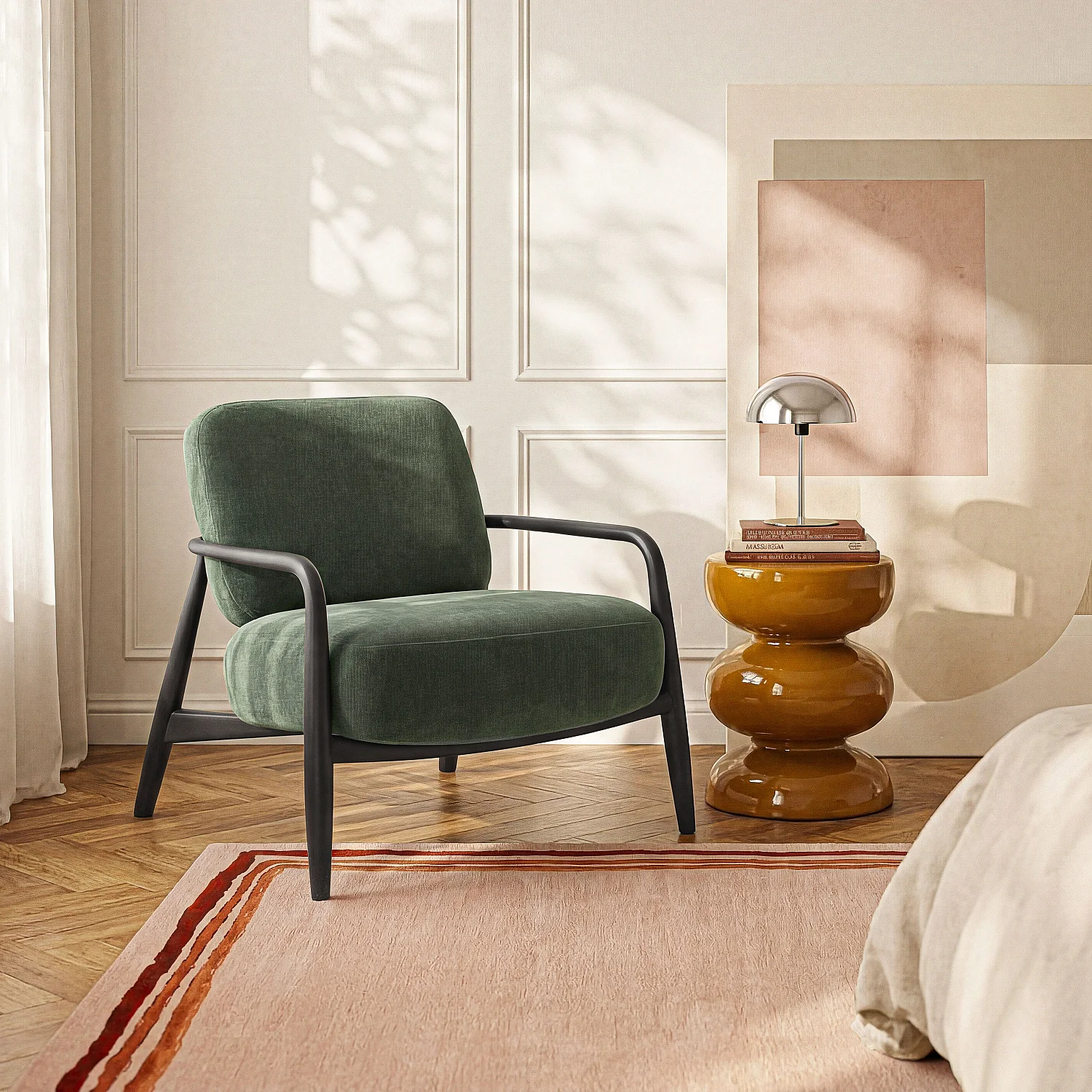 Tygfåtölj i massivt trä - Khakigrön - 1