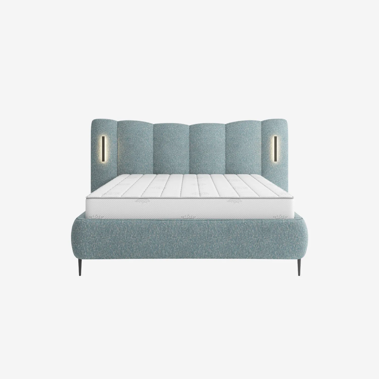 Lit coffre 160 x 200 cm en tissu texturé avec LED intégrées - Bleu chiné - 1