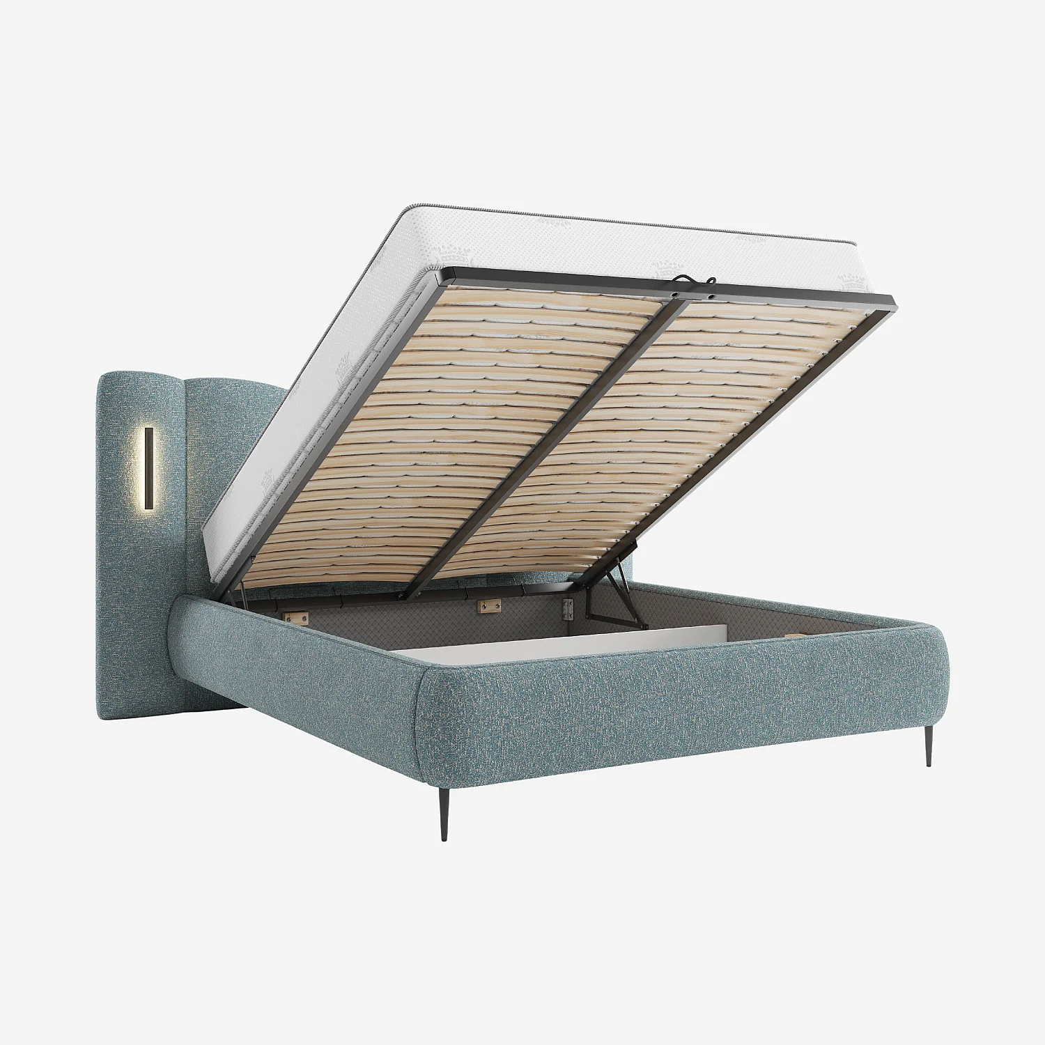 Cama con canapé abatible 160 x 200 cm en tejido texturizado con luces LED integradas - Azul jaspeado - 6