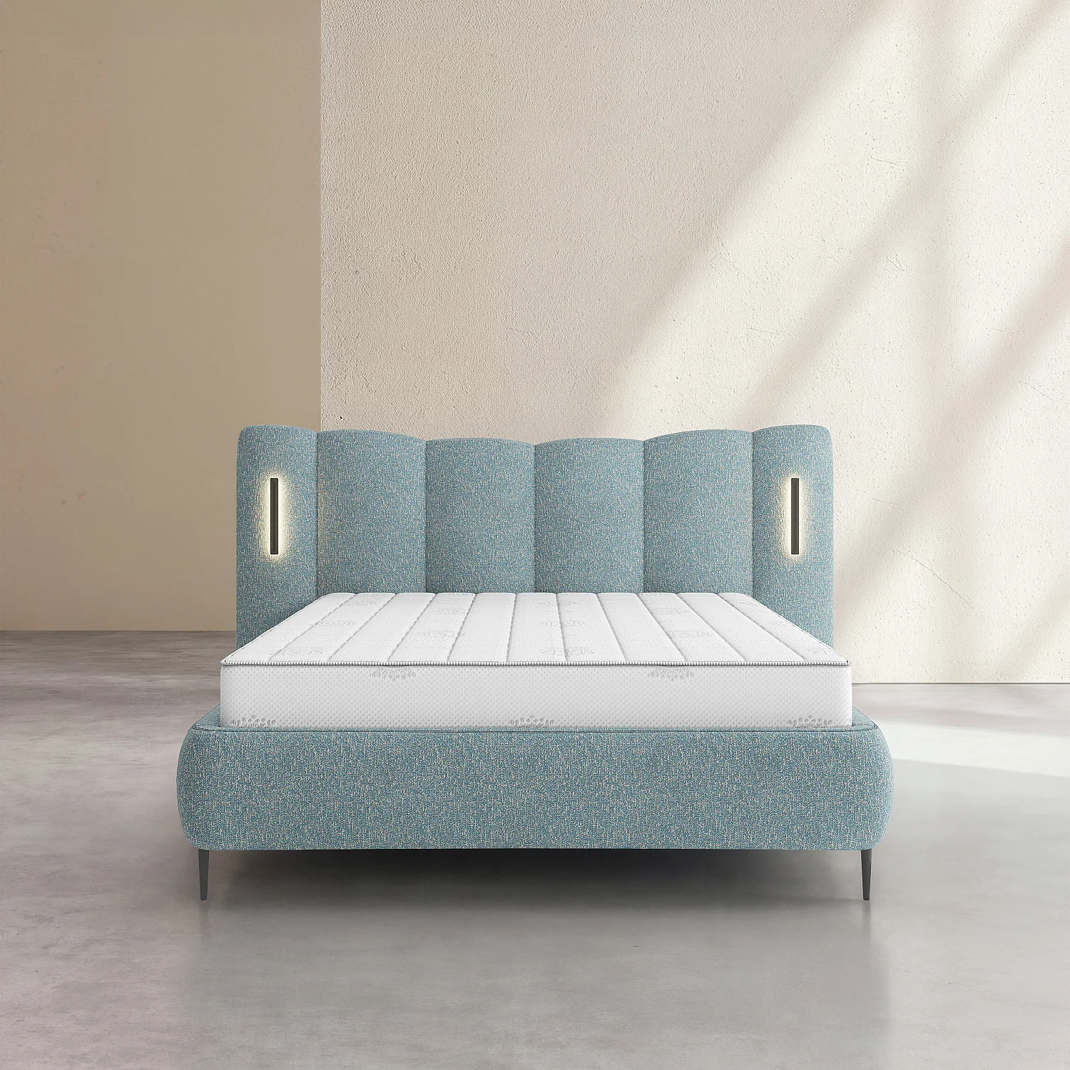 Cama con canapé 160 x 200 cm de tejido texturizado con LED integrados - Azul jaspeado - 3