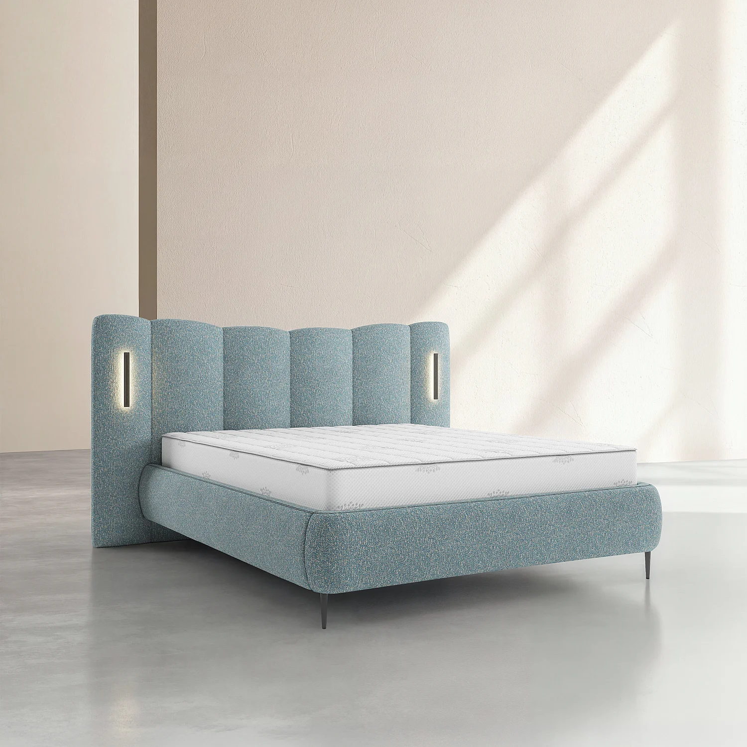 Cama con canapé 160 x 200 cm de tejido texturizado con LED integrados - Azul jaspeado - 1