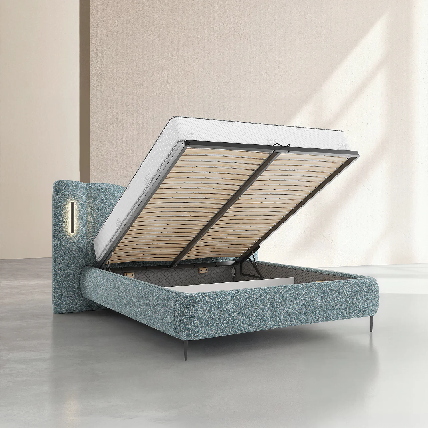Cama con canapé 160 x 200 cm de tejido texturizado con LED integrados - Azul jaspeado - 2