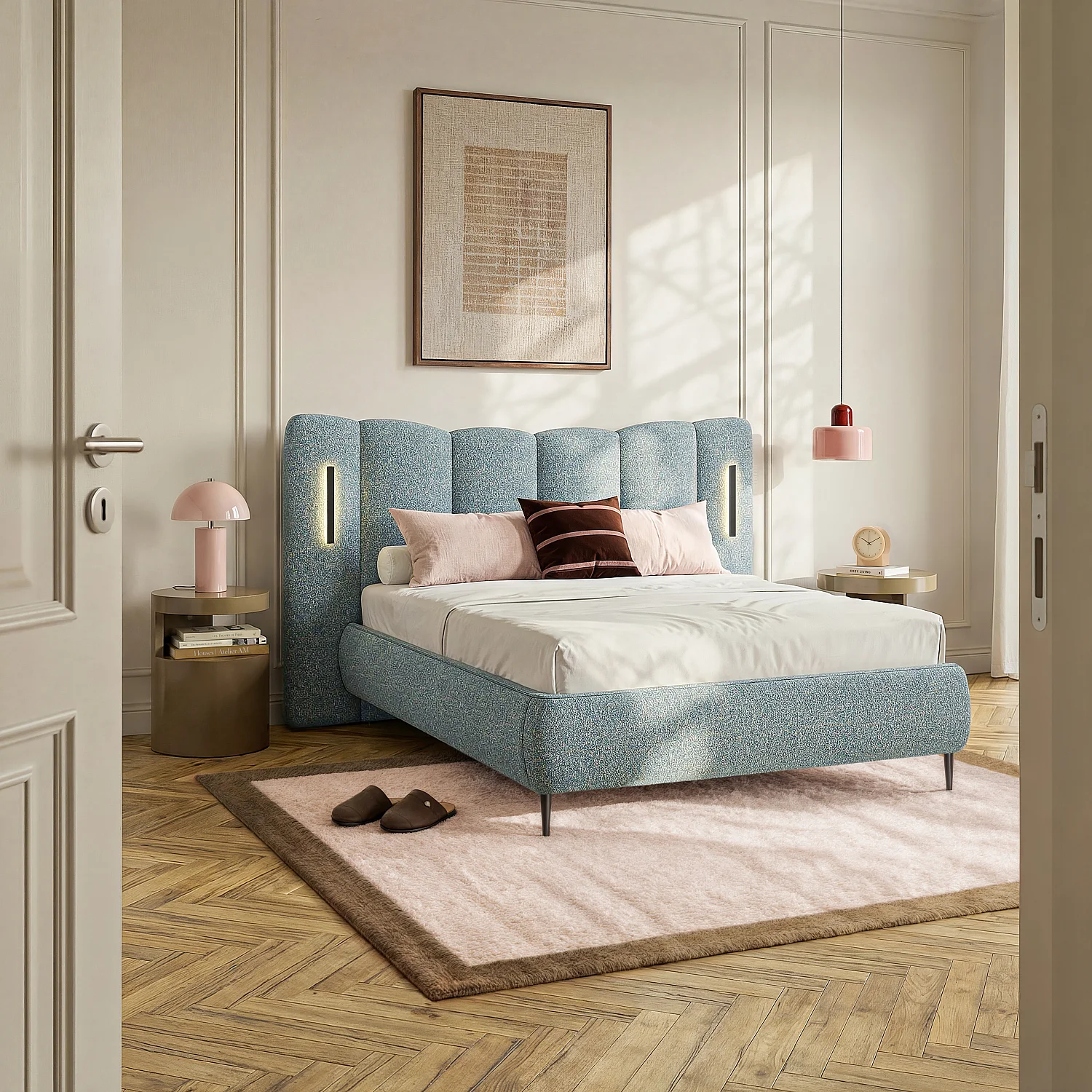 Cama con canapé 160 x 200 cm de tejido texturizado con LED integrados - Azul jaspeado - 1