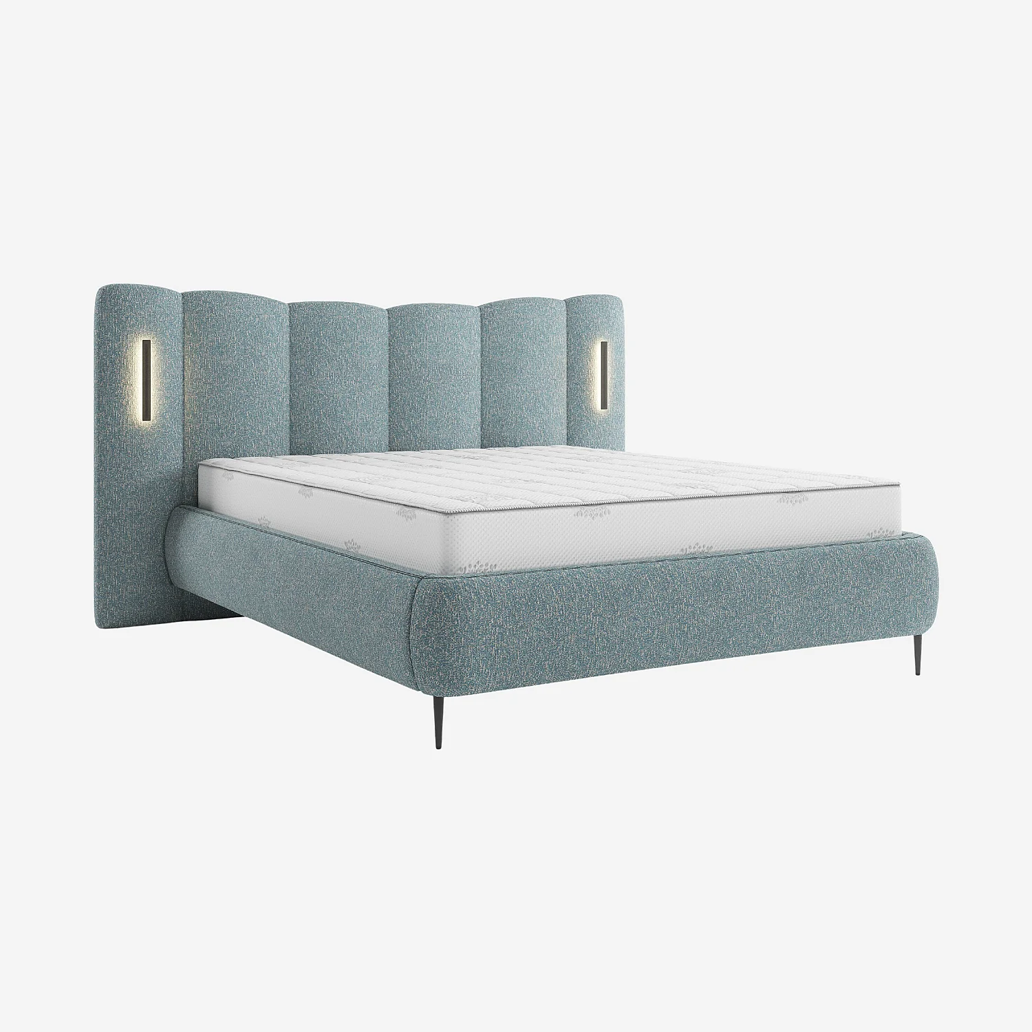 Letto contenitore 160 x 200 cm in tessuto testurizzato con LED integrati - Blu mélange - 1