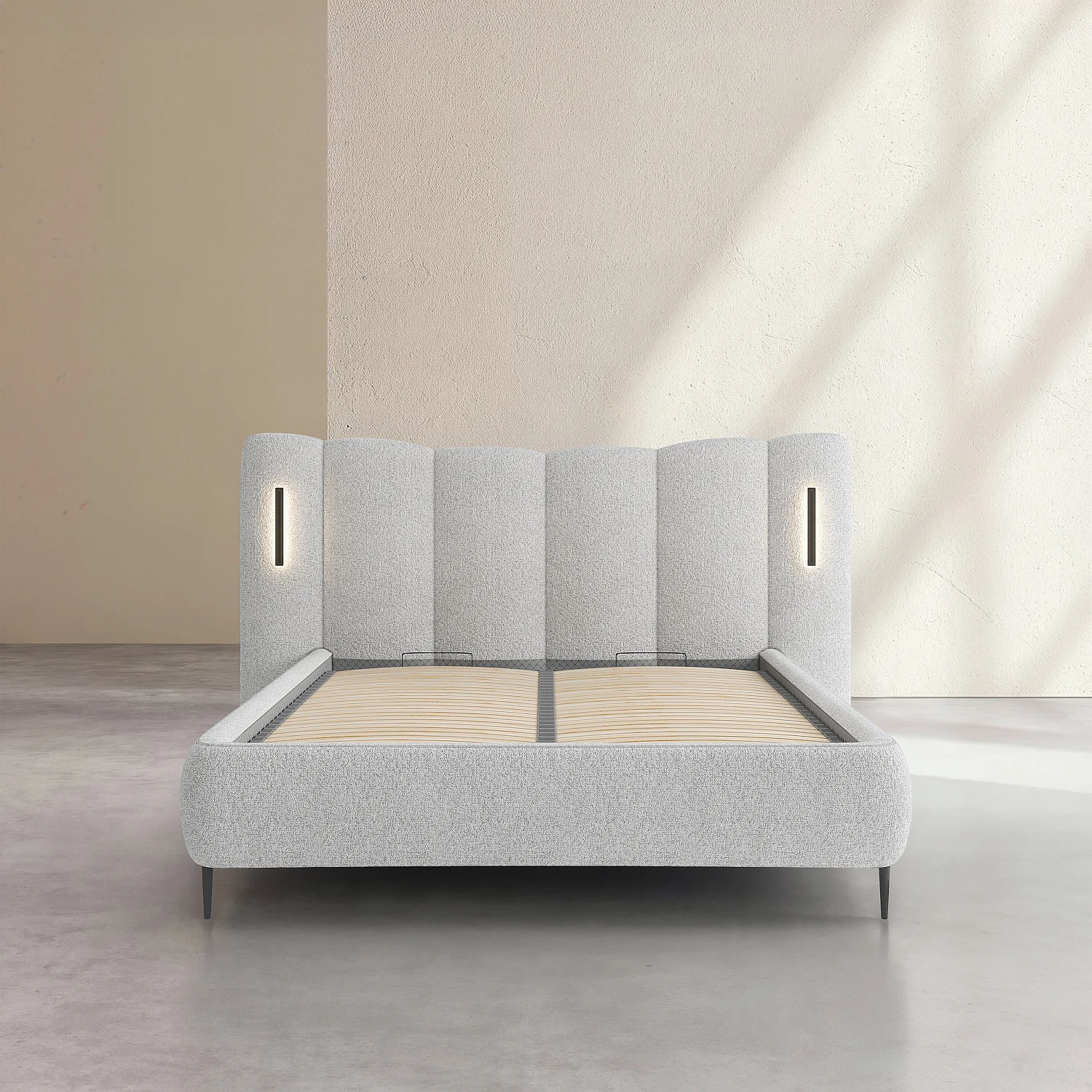 Cama con canapé 160 x 200 cm de tejido texturizado con LED integrados - Gris jaspeado - 7