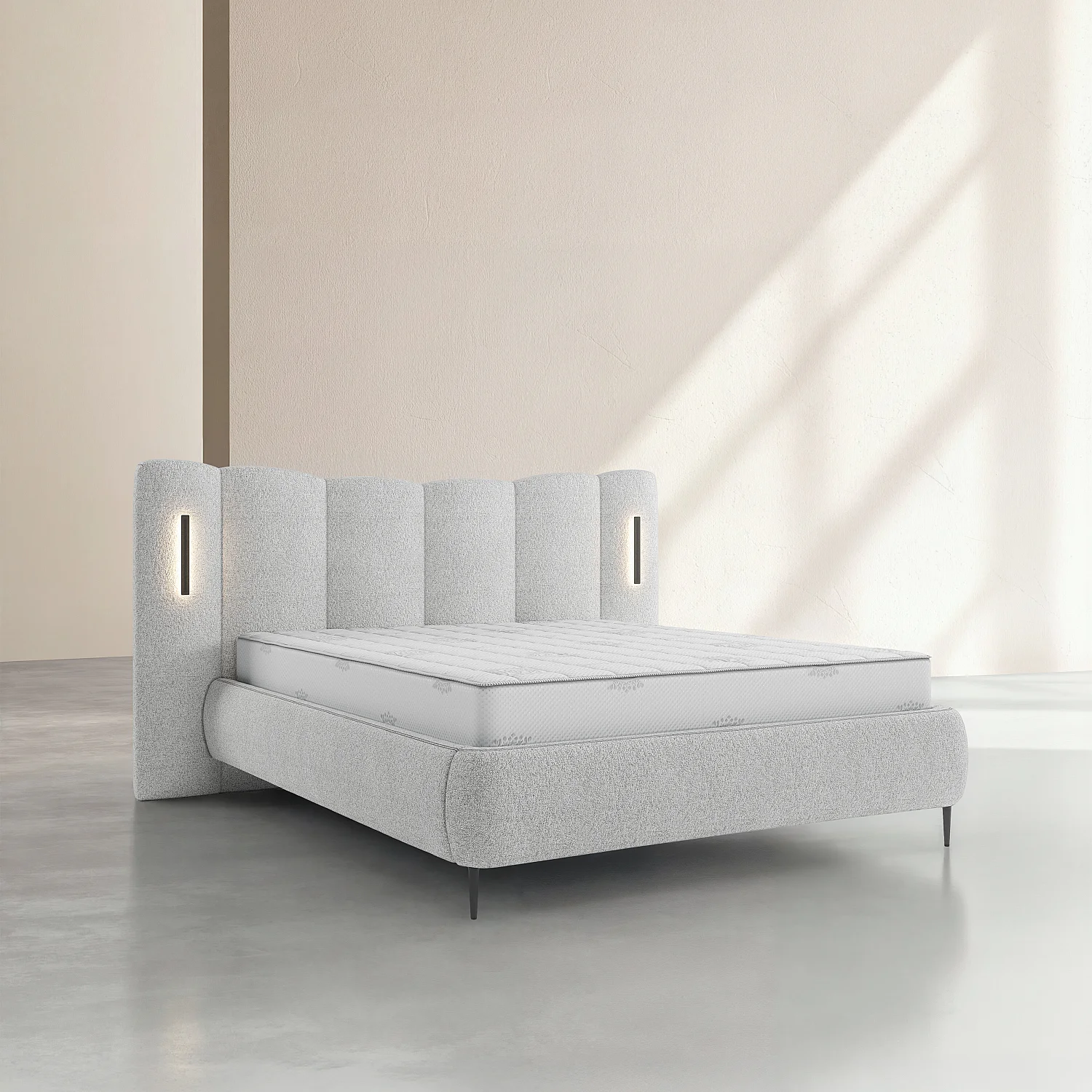 Cama con canapé 160 x 200 cm de tejido texturizado con LED integrados - Gris jaspeado - 2