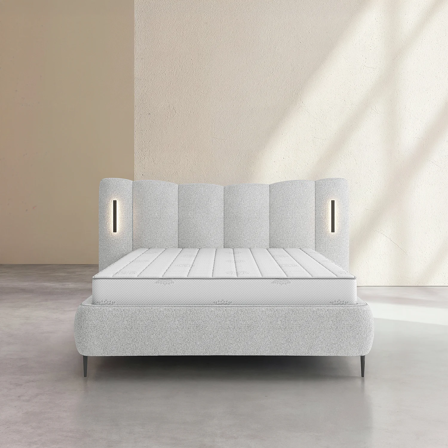 Cama con canapé 160 x 200 cm de tejido texturizado con LED integrados - Gris jaspeado - 6