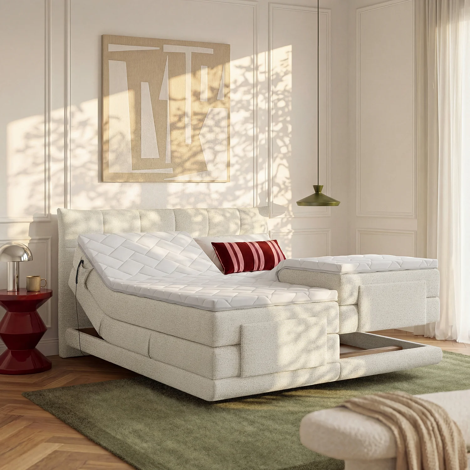 Cama elétrica 160 x 200 cm em tecido - Creme - 1