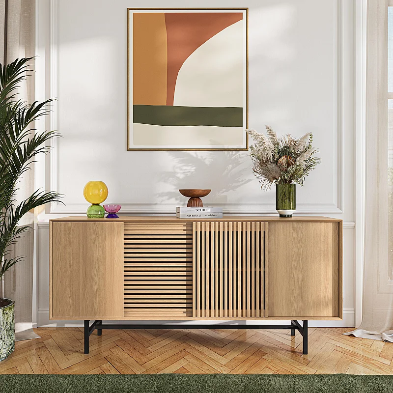 Elya - Niedriges Sideboard mit 4 Türen aus Massiveiche - Natur