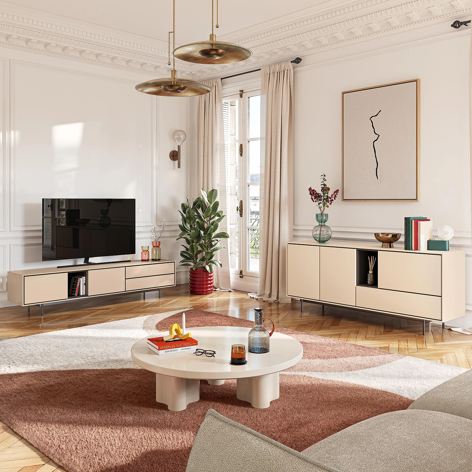 Meuble TV 2 portes et 2 tiroirs - Beige - Design by Céline Mognon Fichet - 6