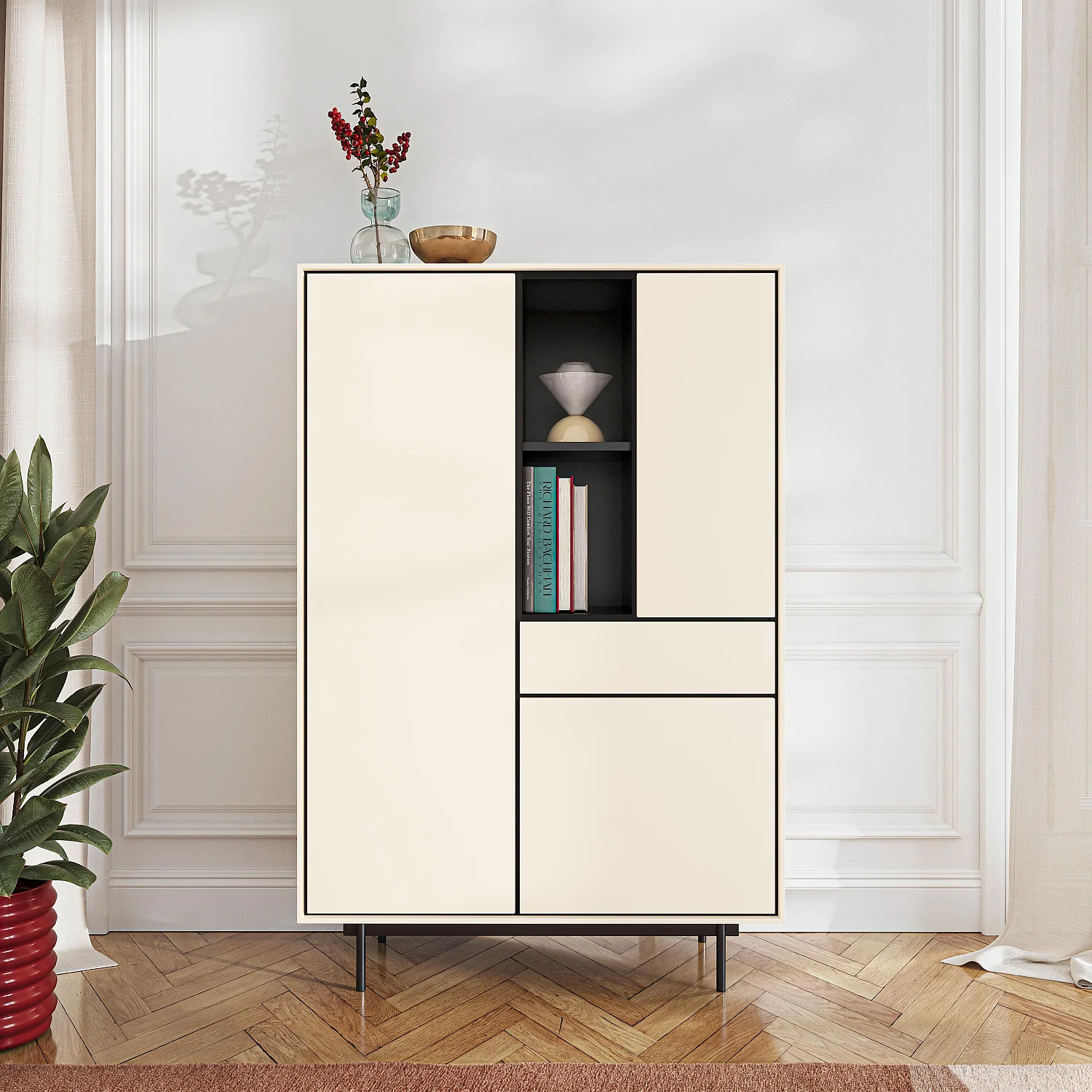 Buffet haut 3 portes et 1 tiroir - Beige - Design by Céline Mognon Fichet - 1