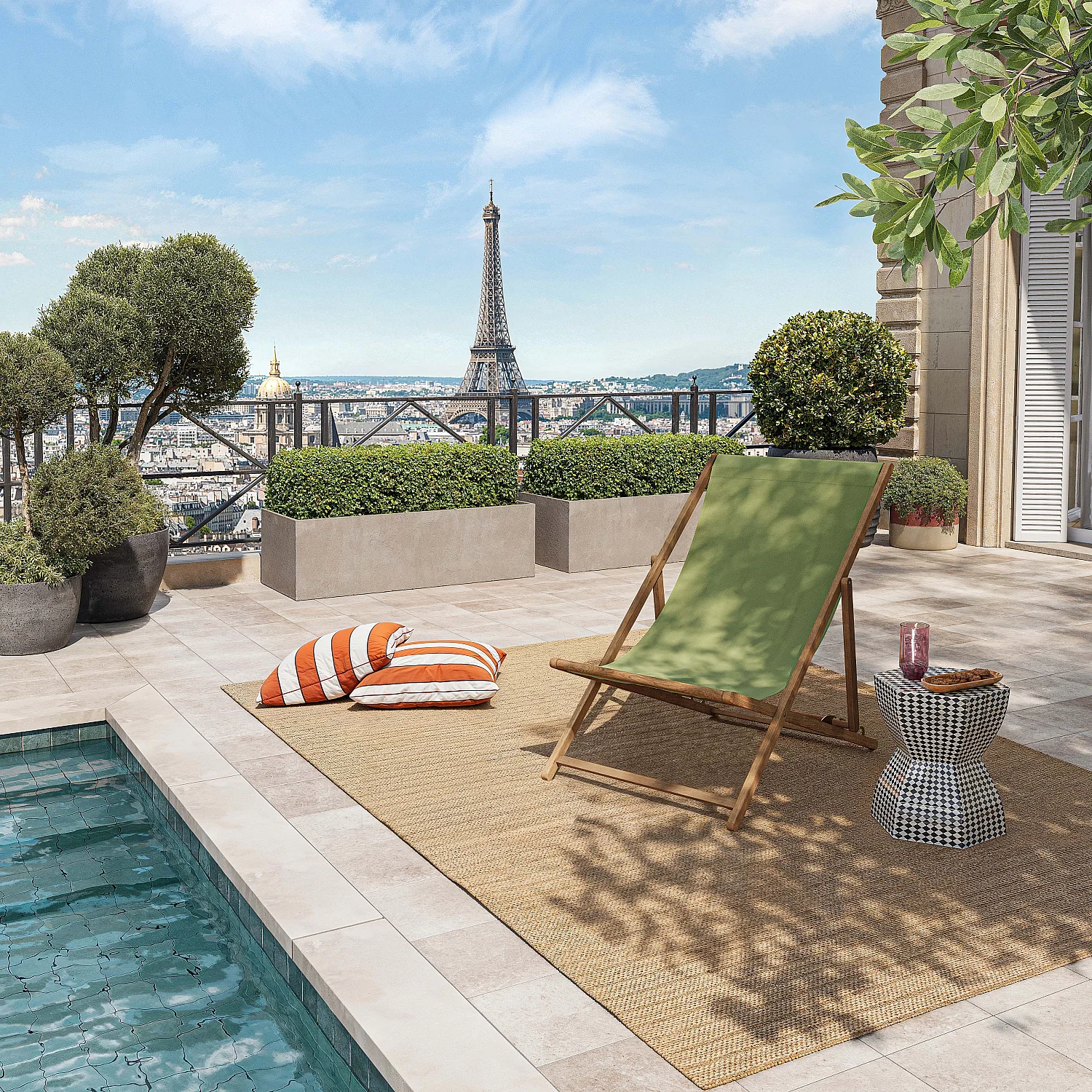 Chilienne en chêne et toile en coton - Vert olive - 1