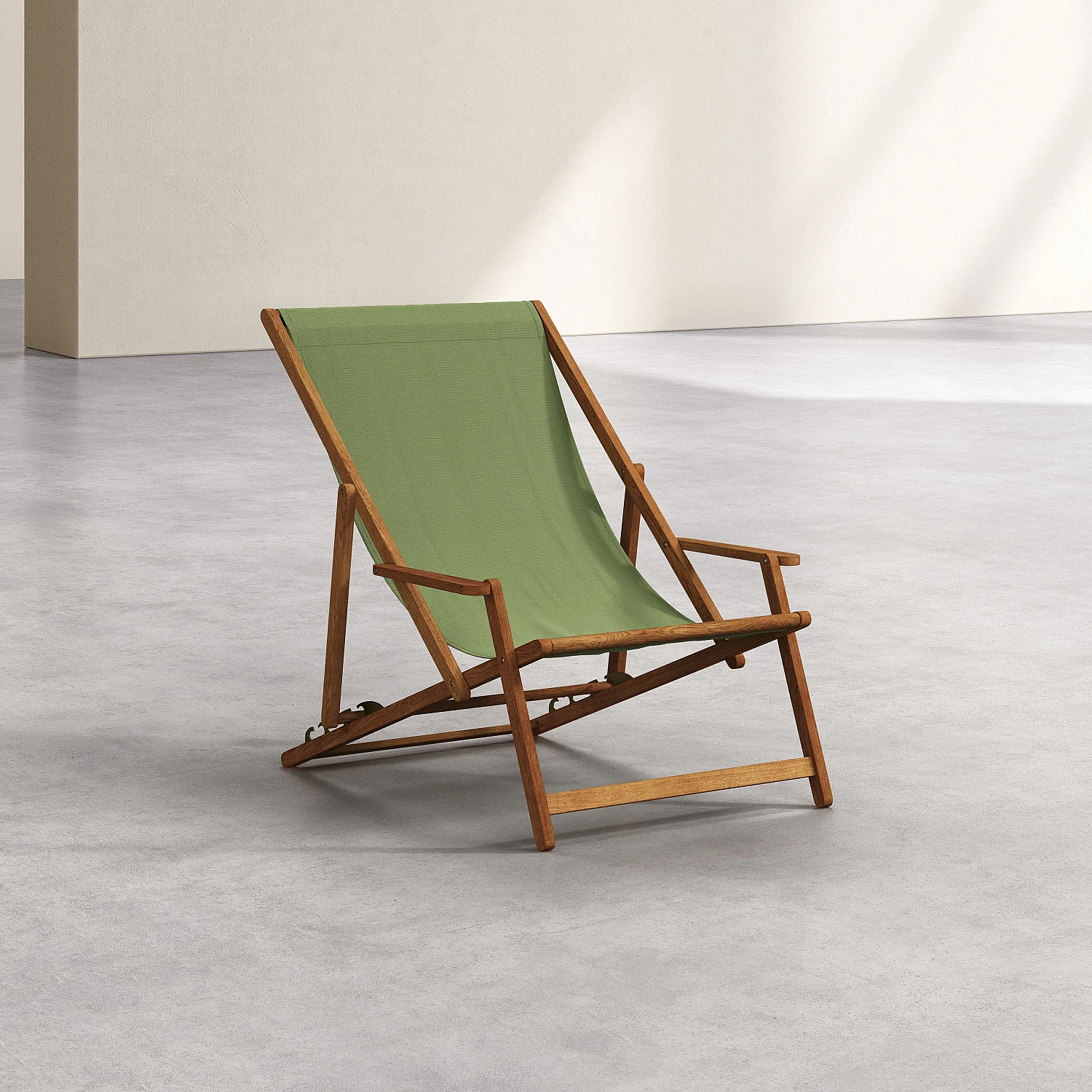 Chilienne avec accoudoirs en chêne et toile en coton - Vert olive - 2